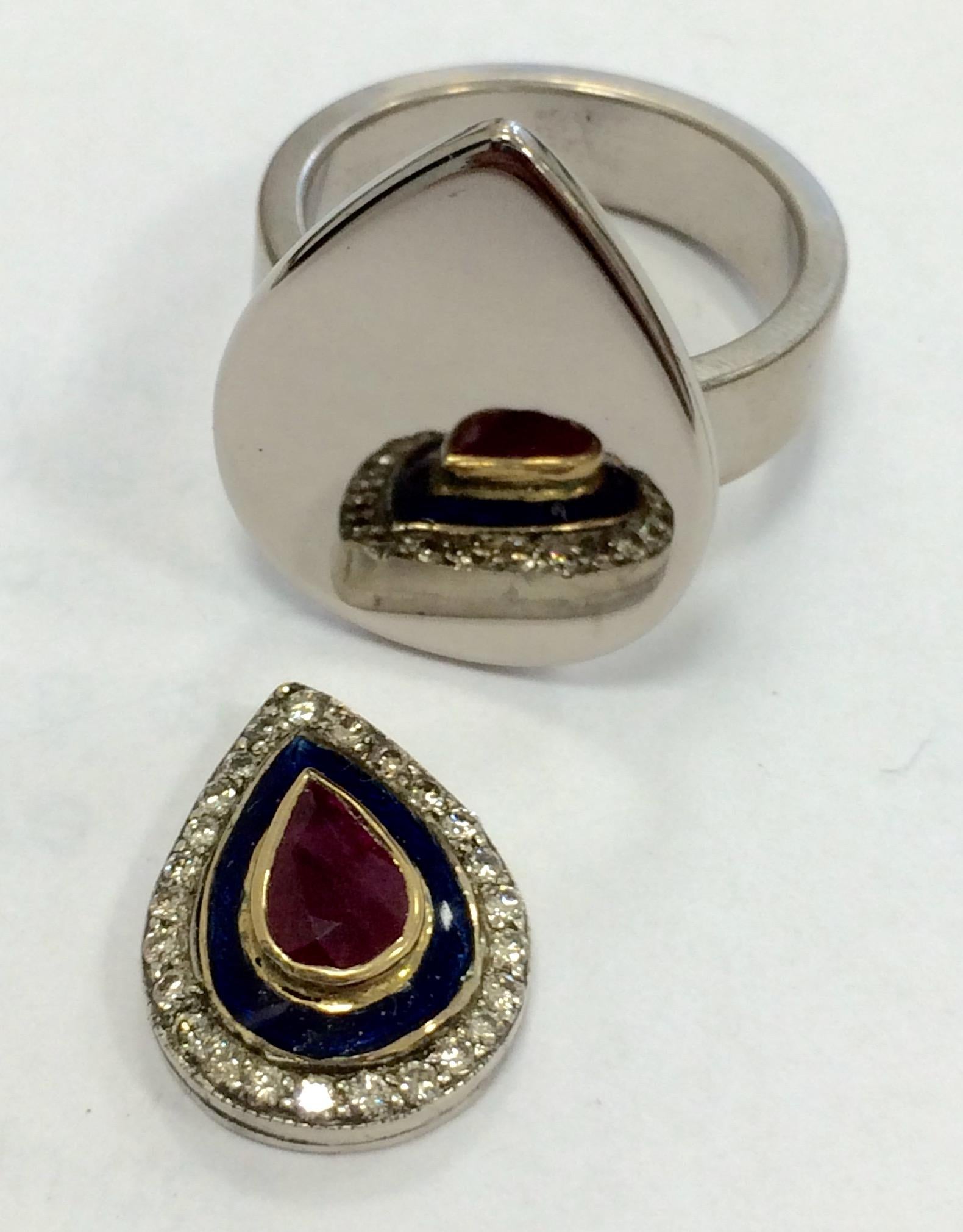 Women's or Men's Ring Anne Bourat Pear Ruby 24 Diamonds Blue Enamel 17 Grams White Gold Metric 54 For Sale