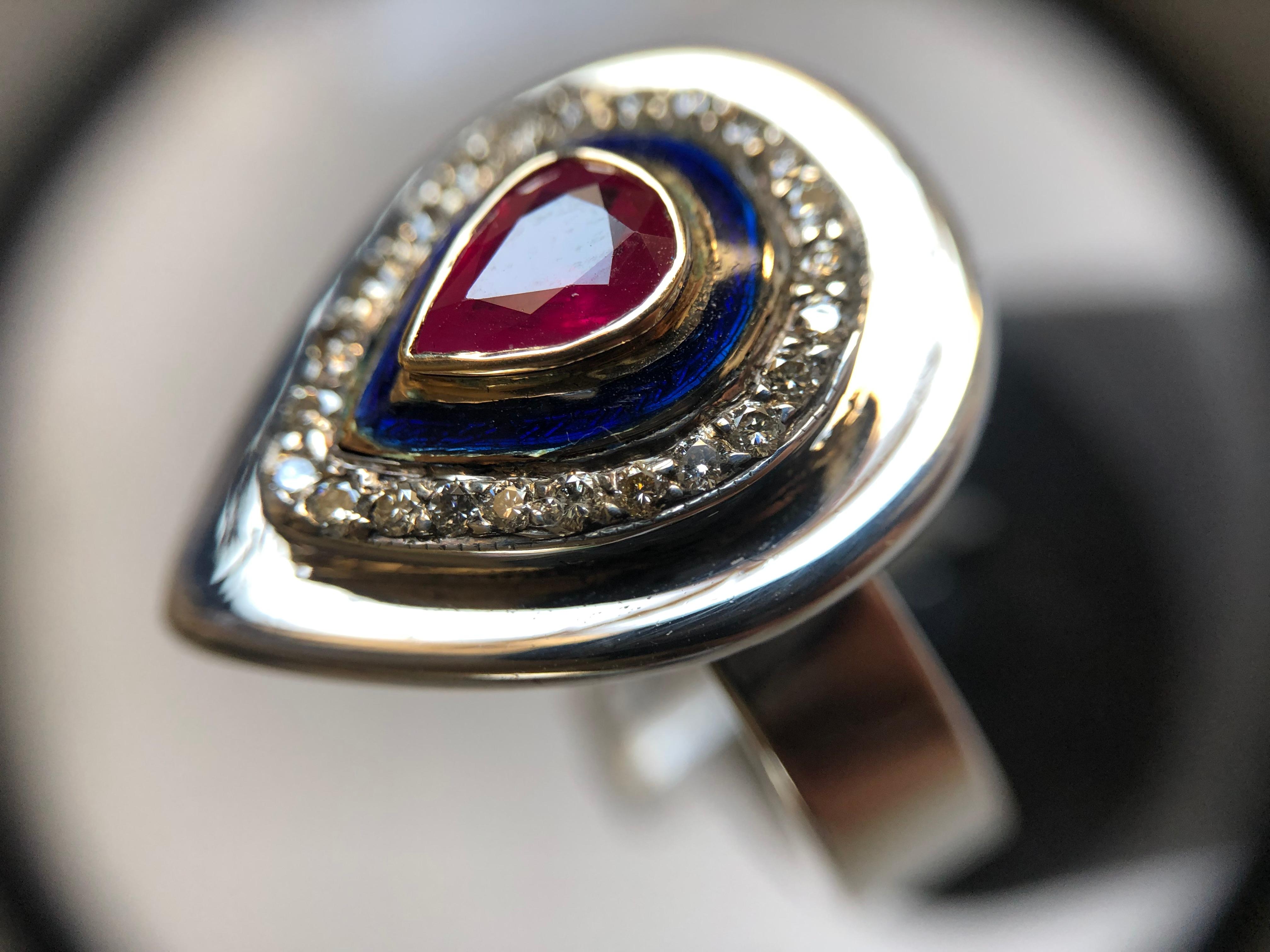 Ring Anne Bourat Pear Ruby 24 Diamonds Blue Enamel 17 Grams White Gold Metric 54 For Sale 1