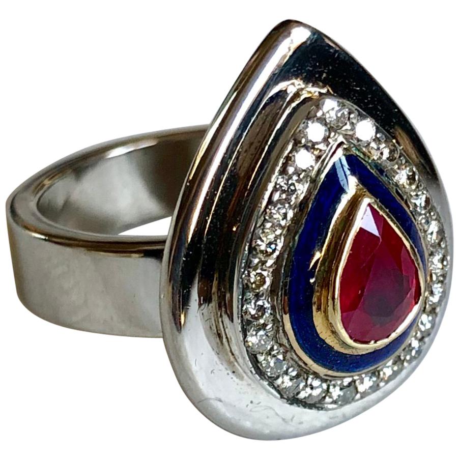 Ring Anne Bourat Pear Ruby 24 Diamonds Blue Enamel 17 Grams White Gold Metric 54 For Sale