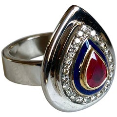 Ring Anne Bourat Pear Ruby 24 Diamonds Blue Enamel 17 Grams White Gold Metric 54