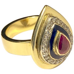 Ring Anne Bourat Pear Ruby 24 Diamonds Blue Enamel 17 Grams YellowGold Metric 54