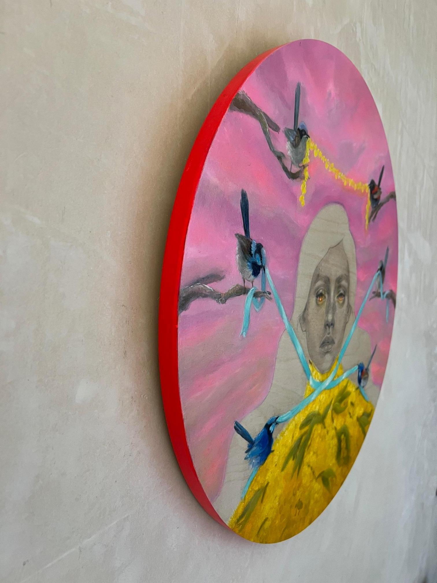 Arte a tecnica mista di Heidi Lustig, creata nel 2024. Grafite, acrilico e olio su pannello di legno rotondo, intitolato 