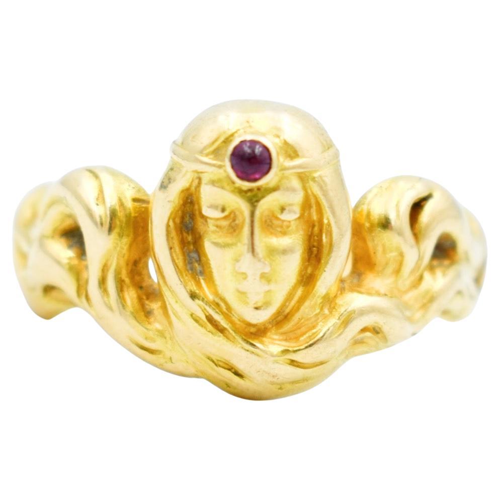 Ring Art Nouveau 18K Gold with Cabochon Ruby - Gustave Sandoz For Sale