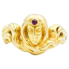 Bague Art Nouveau en or 18 carats avec cabochon de rubis - Gustave Sandoz