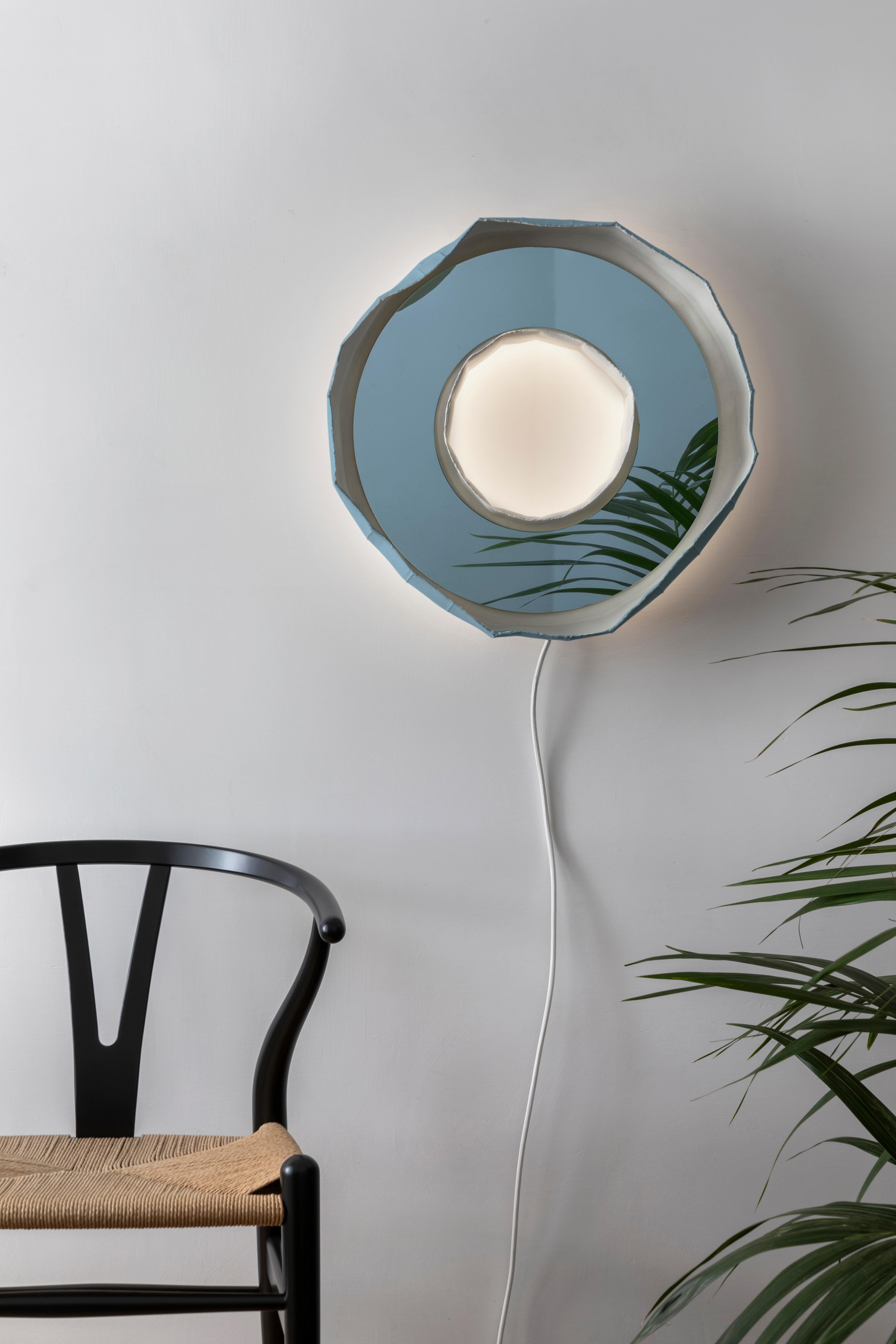 Modern Ring Aura, Contemporary Artisan Blue Flush Mounted Ceramic Mirror-Lamp Sconce For Sale