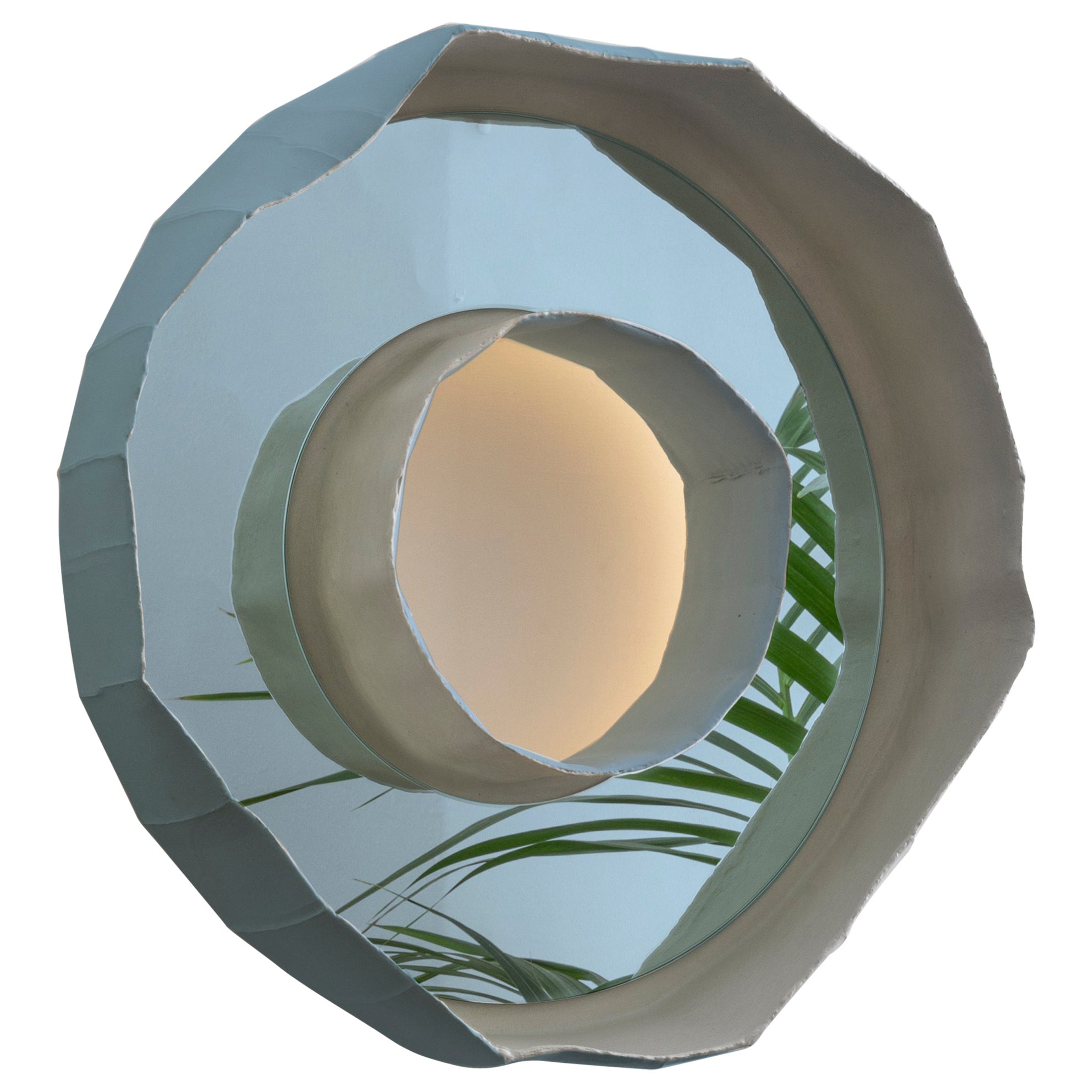 Anillo Aura, Aplique de cerámica artesanal contemporáneo azul empotrado en espejo-lámpara