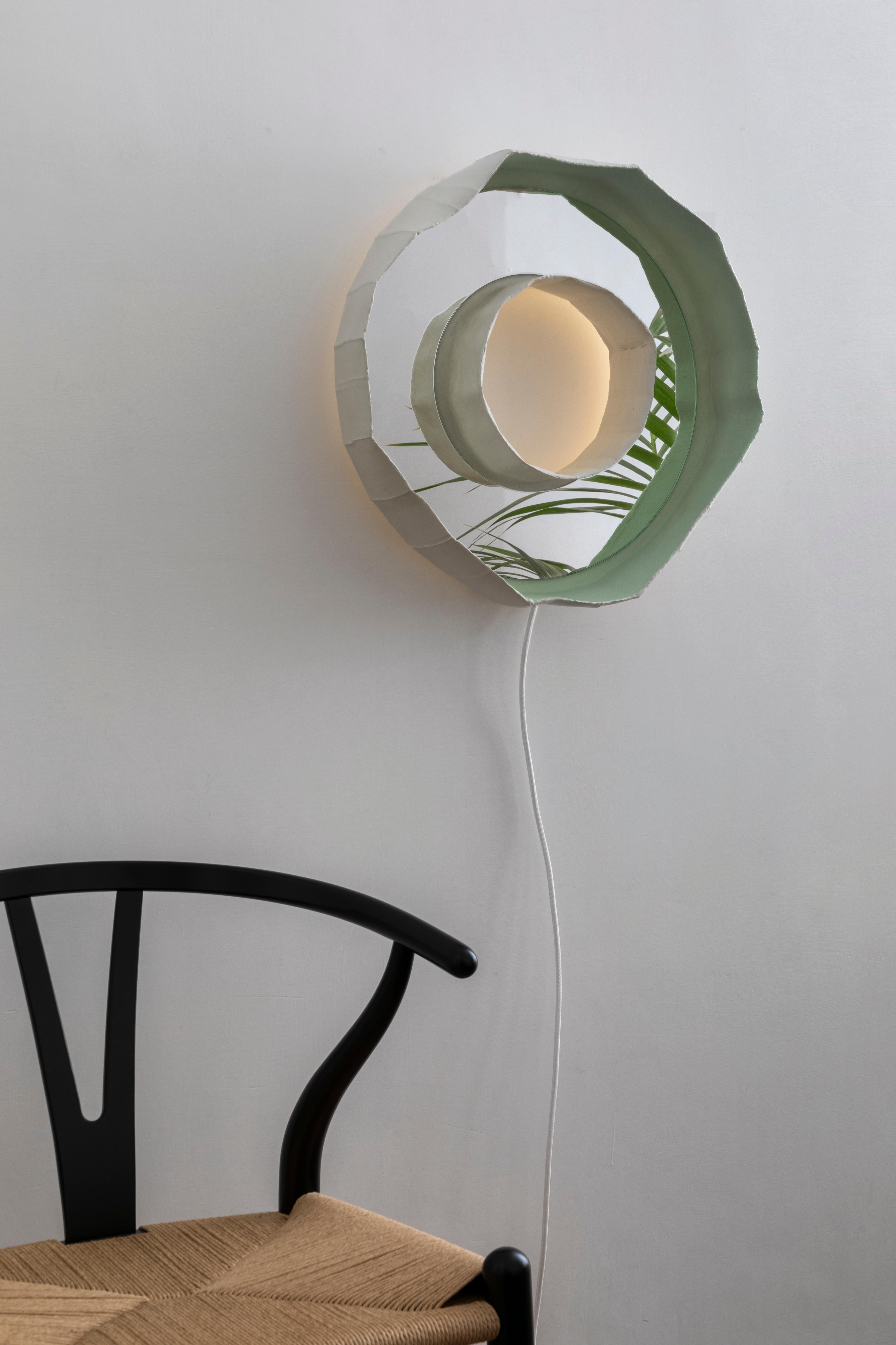 Modern Ring Aura, Contemporary Artisan Green Flush Mounted Ceramic Mirror-Lamp Sconce For Sale