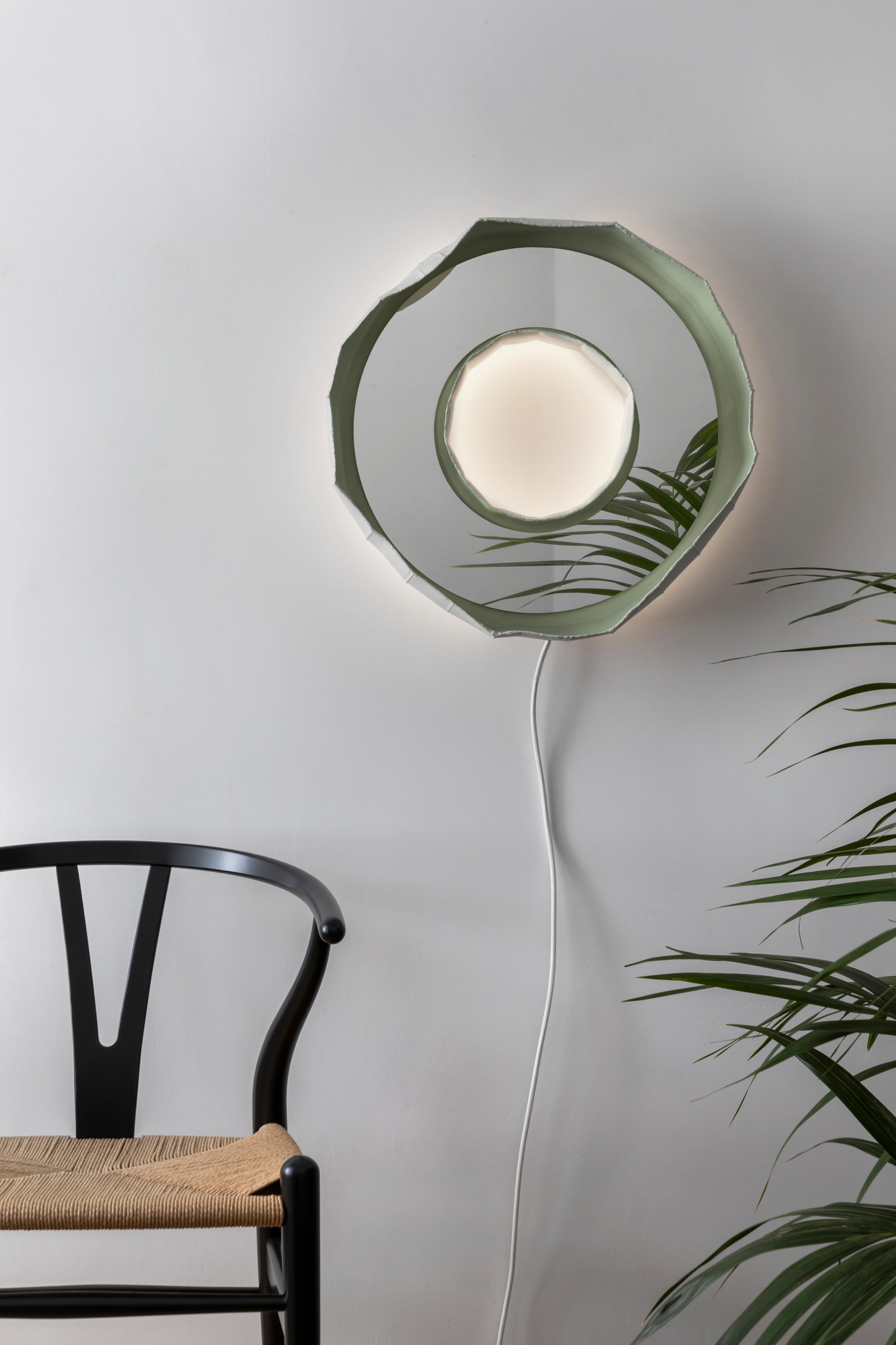 Italian Ring Aura, Contemporary Artisan Green Flush Mounted Ceramic Mirror-Lamp Sconce For Sale