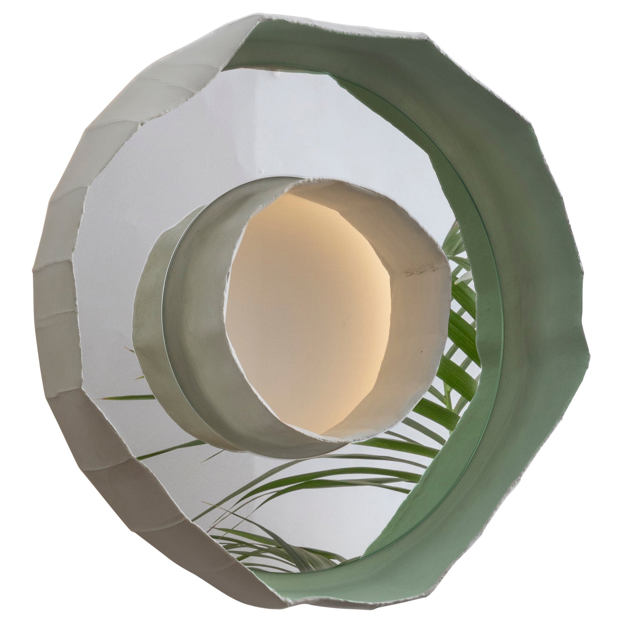 Ring Aura, Aplique Contemporáneo de Cerámica con Espejo y Lámpara enrasada en Verde Artesano en venta