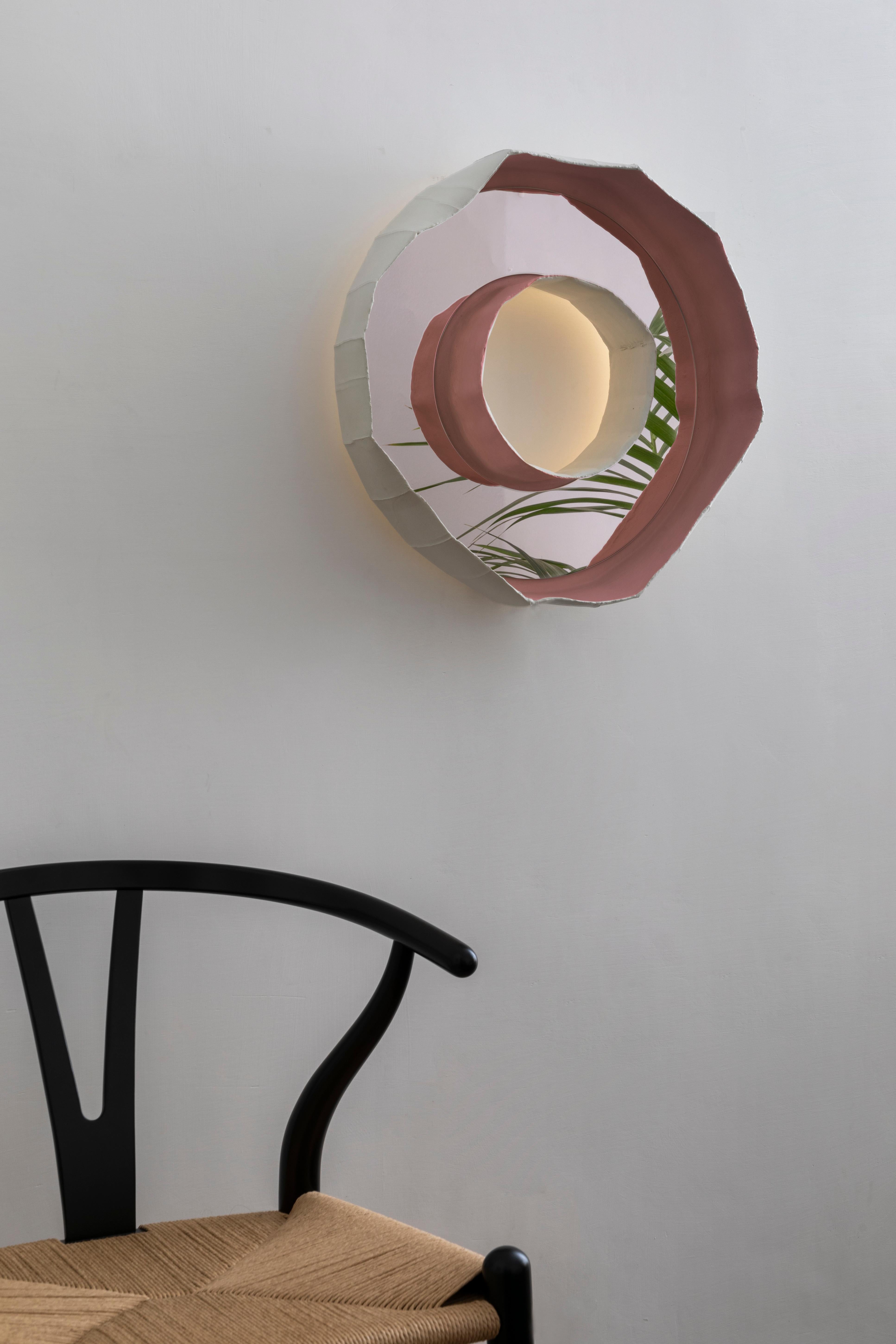 Modern Ring Aura, Contemporary Artisan Pink Flush Mounted Ceramic Mirror-Lamp Sconce For Sale