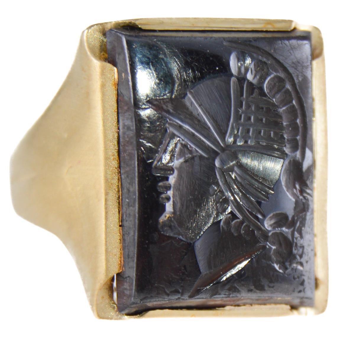 STYLE / REFERENCE: Art Deco
METAL / MATERIAL: 10Kt. Solid Gold 
CIRCA / YEAR: 1940's
SIZE: 8

This unique hand made ring is set with a genuine Hematite Stone that is hand carved by master stone carvers. The workmanship is excellent and the ring is