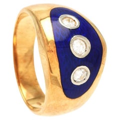 Retro Ring Bague au Firmament Diamond Blue Enamel 18K Gold Ø7.25 US / 9 gr