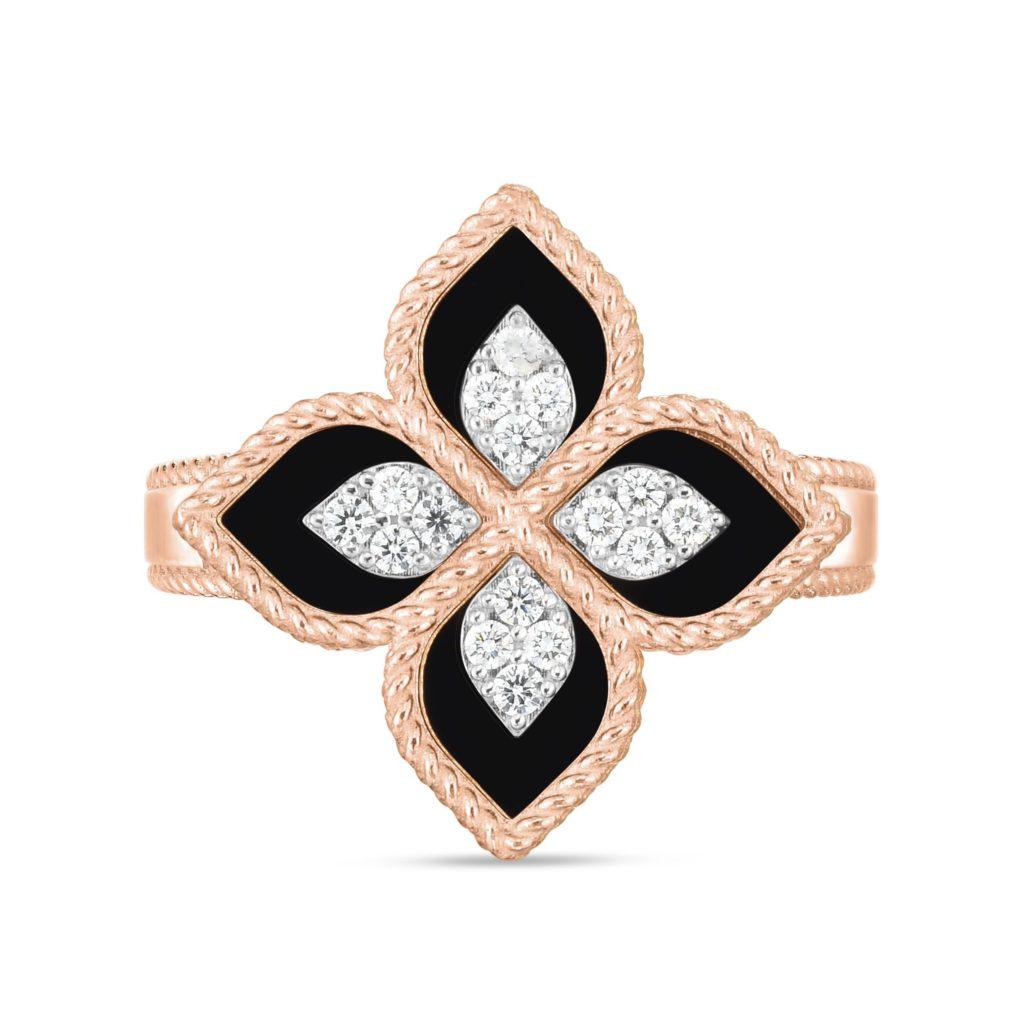 Princess Flower ring in 18kt rose gold with black jade and diamonds. Small version.

Black jade:
– Weight (total): 3.44 CT
– Cut: flat

Diamonds:
– Weight (total): 0.19 CT
– Purity: VS
– Color: RW
– Cut: round brilliant

Being a handmade product,