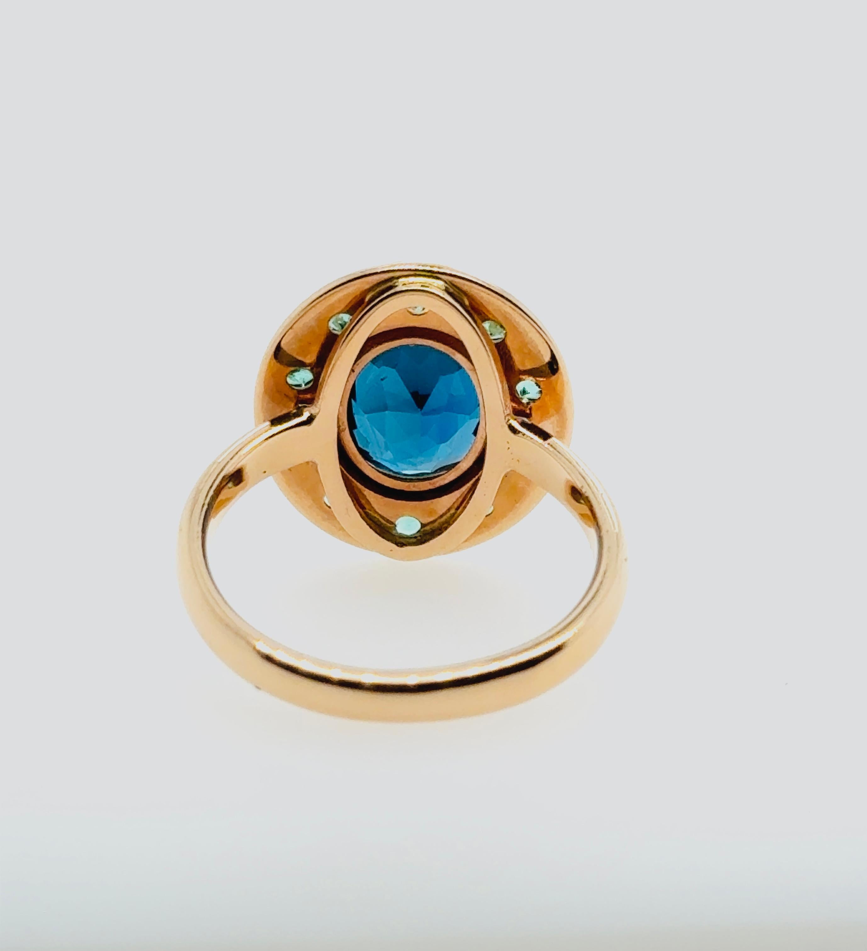 Anillo Azul Topacio Esmeralda Rosa Oro 18 Quilates Retro