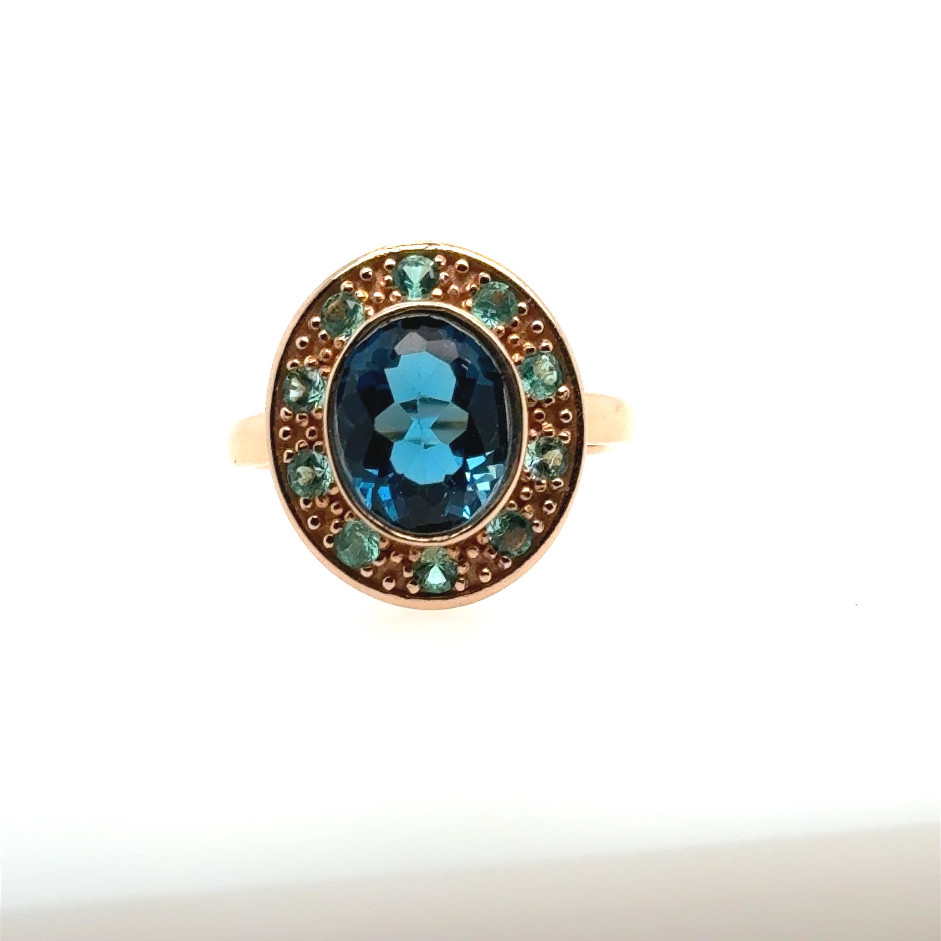 Anillo Azul Topacio Esmeralda Rosa Oro 18 Quilates en Nuevo Estado en Vannes, FR