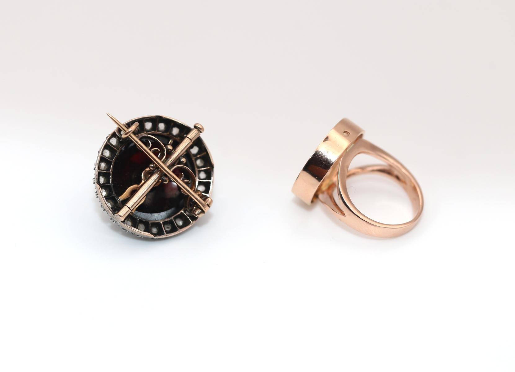 Ring Brooch Transformer Garnet Old-mine Diamonds Magen David Star, 1900 For Sale 5