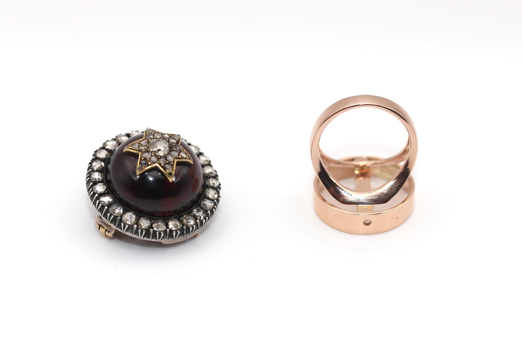 Ring Brooch Transformer Garnet Old-mine Diamonds Magen David Star, 1900 For Sale 6