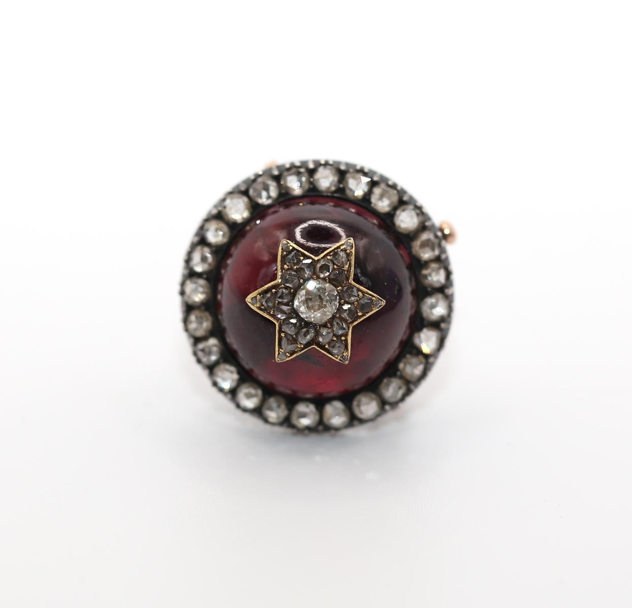Women's or Men's Ring Brooch Transformer Garnet Old-mine Diamonds Magen David Star, 1900 For Sale