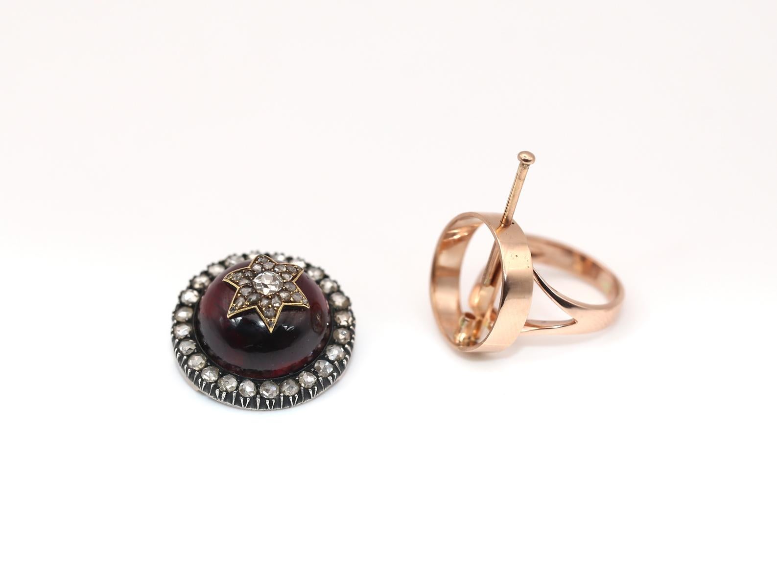 Ring Brooch Transformer Garnet Old-mine Diamonds Magen David Star, 1900 For Sale 3