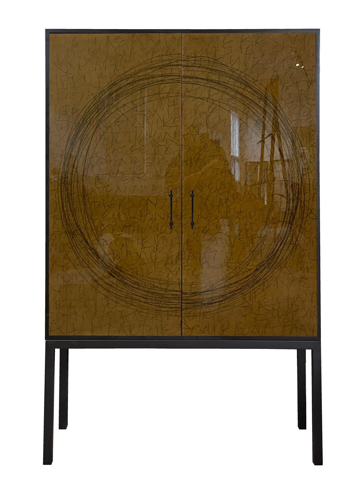 Contemporary Ring Cabinet by Morgan Clayhall, mix media artwork on doors For Sale