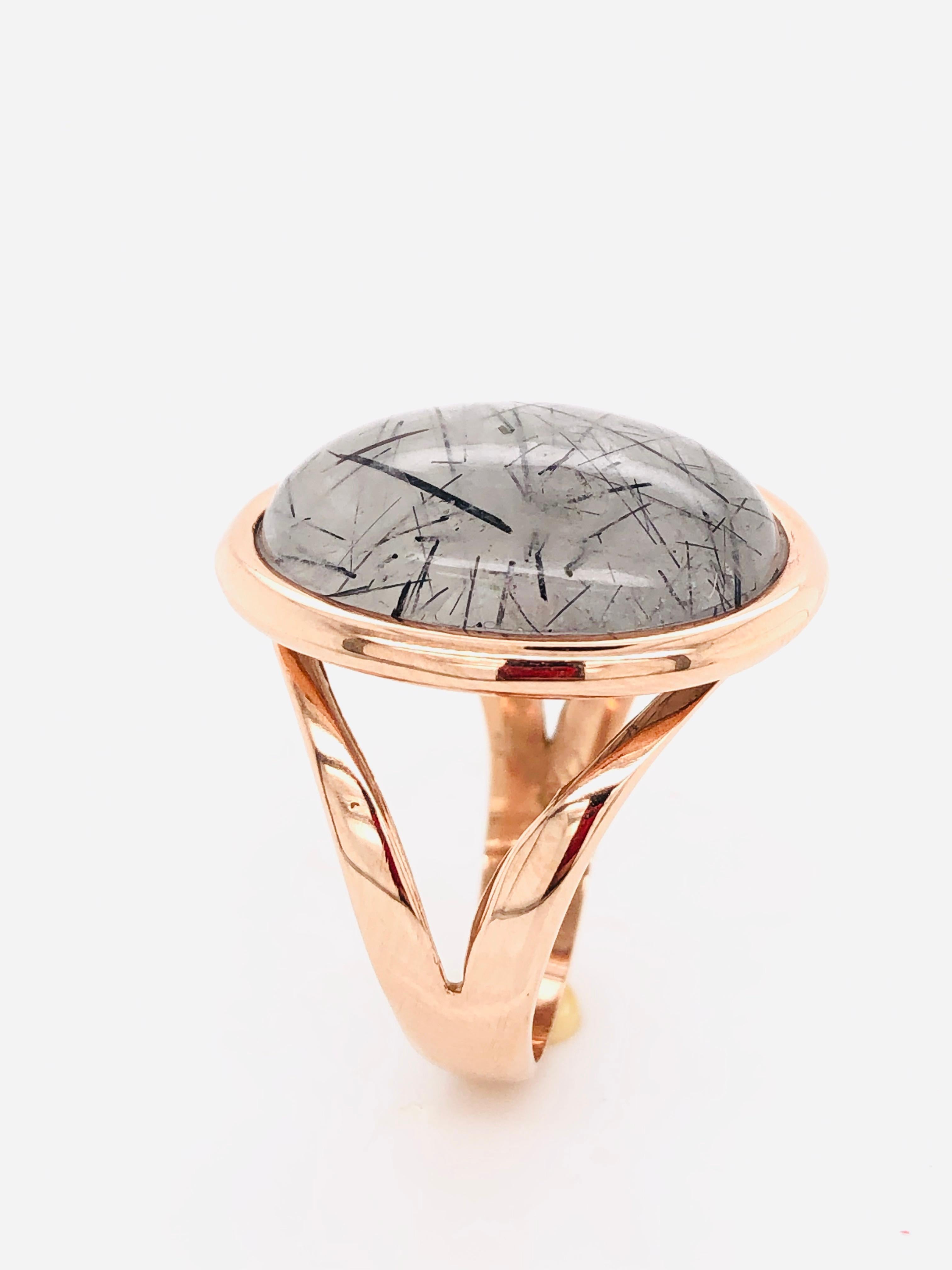 Contemporary Ring Cabochon Rutiled Quartz Mounted on a Rose Gold 18 Karat