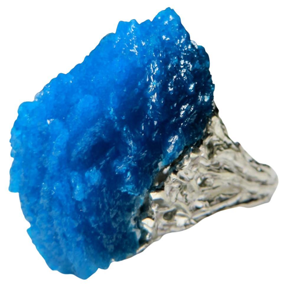 Bague Cavansite Or Blanc Bleu Brut Crystal Rough Stone en vente