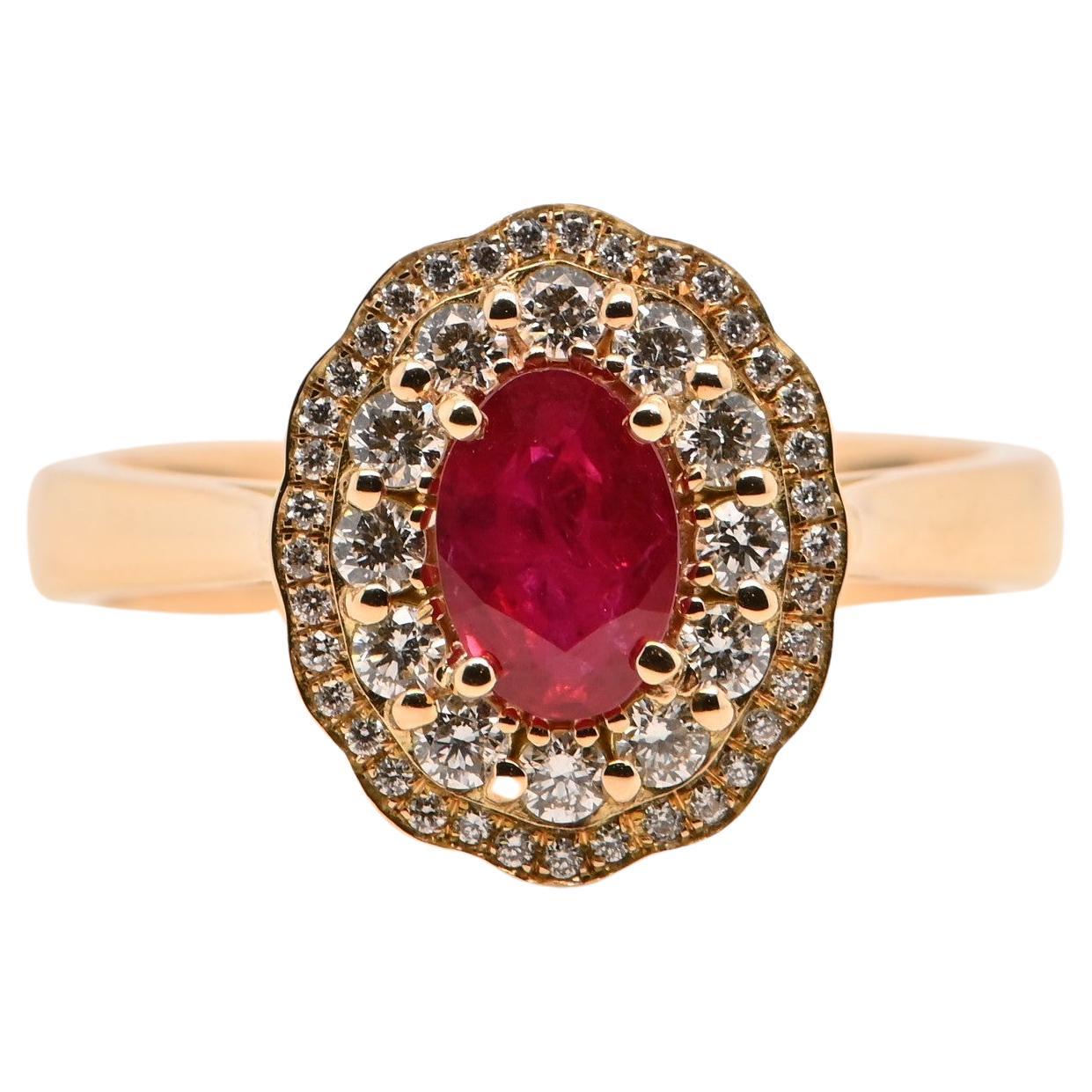Certified 0.80 Carats Intense Red Ruby Diamonds Yellow Gold 18 Carats Ring