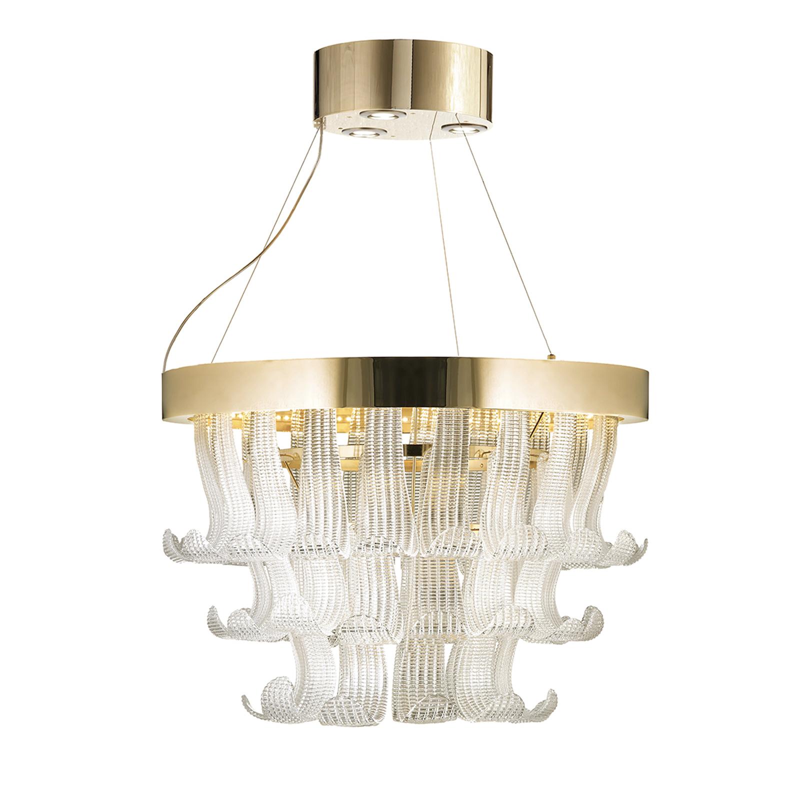 Part of the Ring collection, this superb chandelier exudes the bold, stylish elegance of the Art Deco style. Its top in metal with a gold finish holds three GU10 LED bulbs and supports a ring-shaped structure of the same material on which a 2700 K