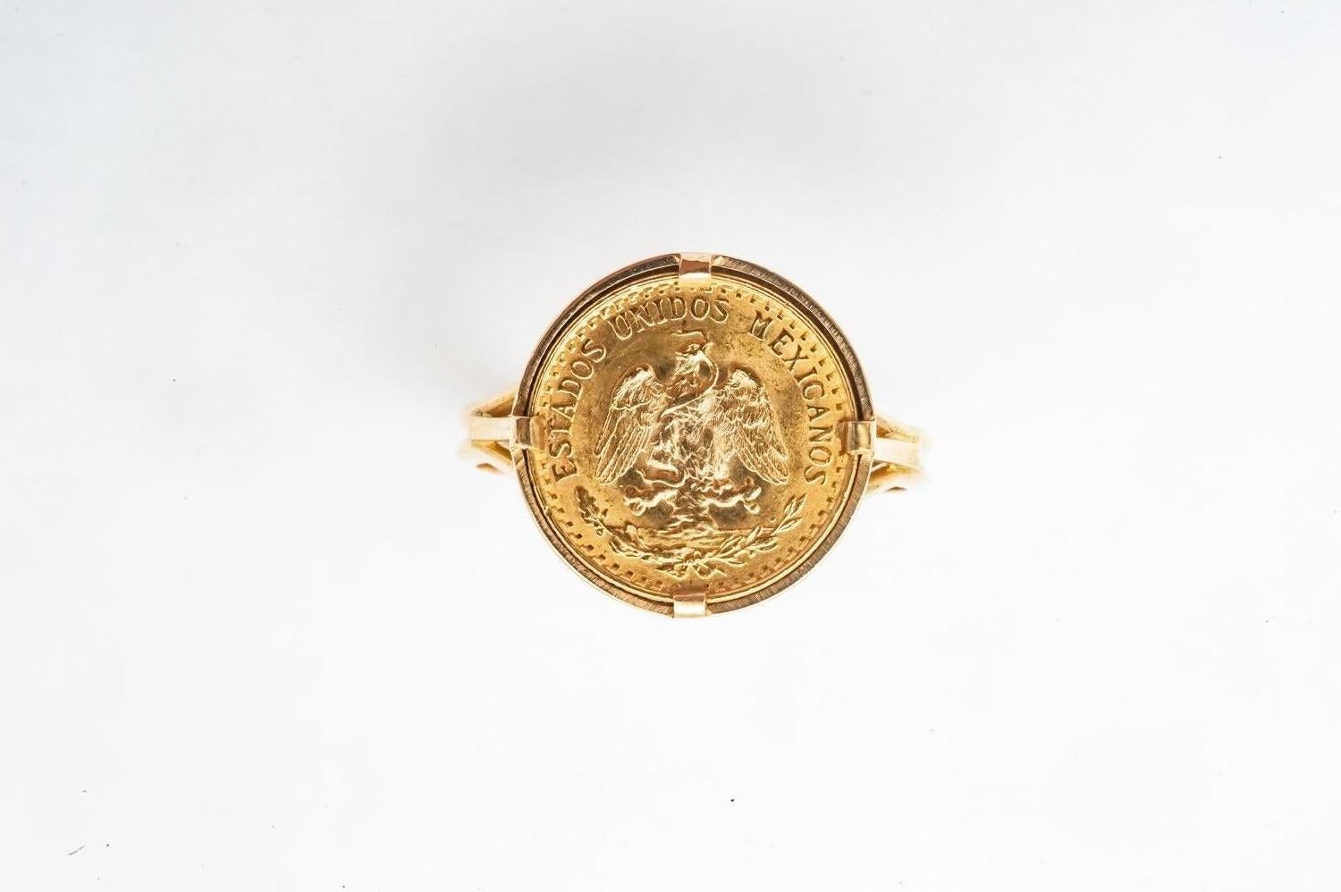 Artisan Ring Coins 2 Pesos Estados Unidos Mexicana Yellow Gold 18 Karat For Sale