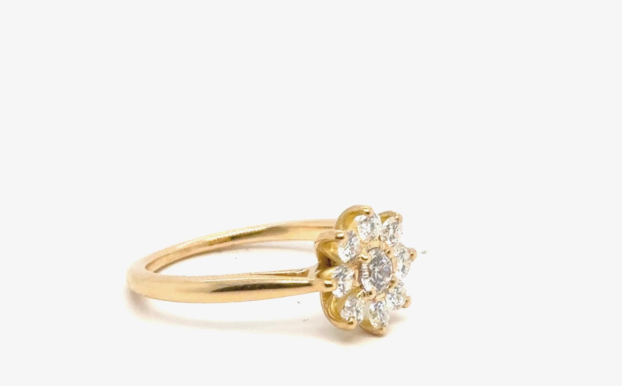 Ring Flower Shape or Pompadour Model  18 carats Yellow Gold, Diamonds,

This ravishing 18-carat yellow gold ring is delicately designed in the shape of a flower, adorned with brilliant-cut diamonds that catch the light with elegance.

The flower's