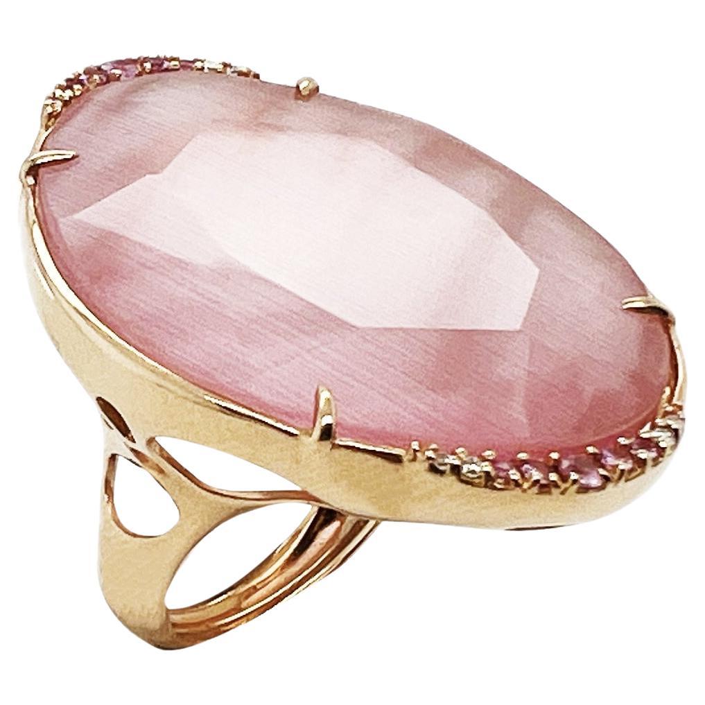 Ring Doublet (optic fiber rock crystal), 18K Gold, rosa Saphire und Diamanten