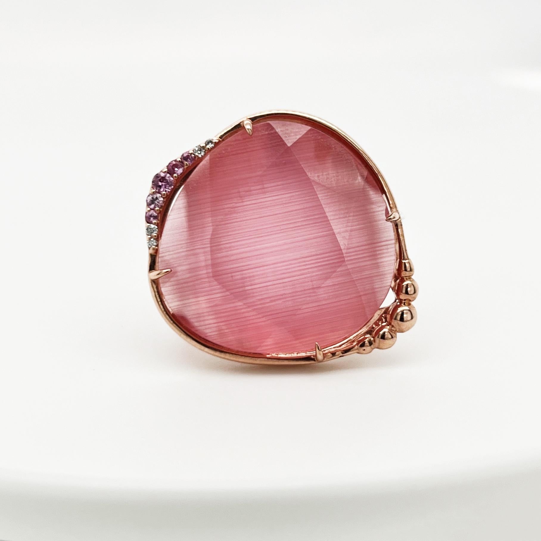 Modern Ring Doublets (optic fiber & rock crystal), 9K gold, pink sapphires and diamonds For Sale