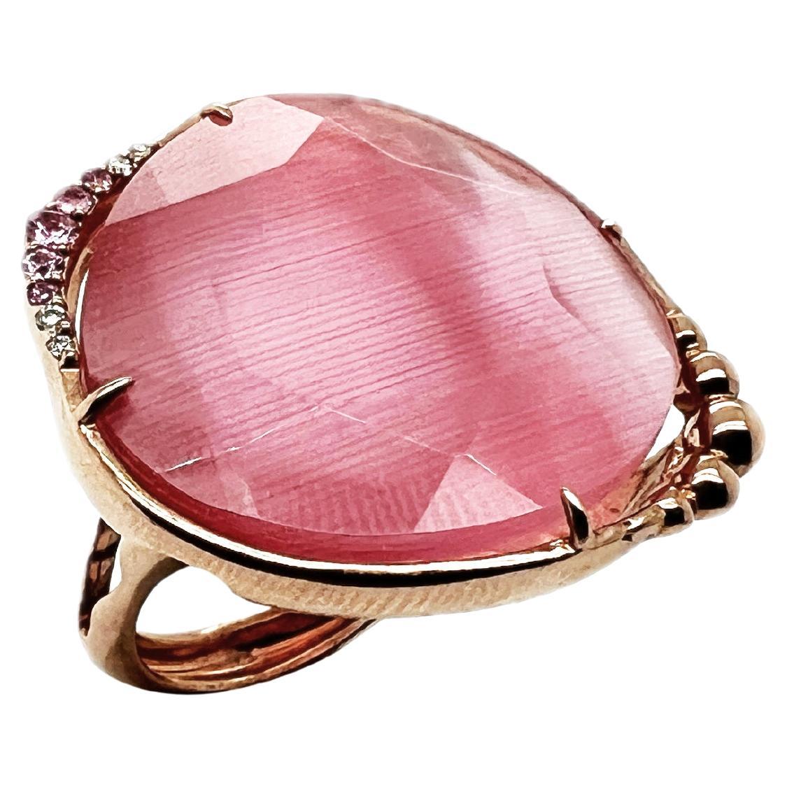 Ring Doublets (optic fiber & rock crystal), 9K Gold, rosa Saphire und Diamanten im Angebot