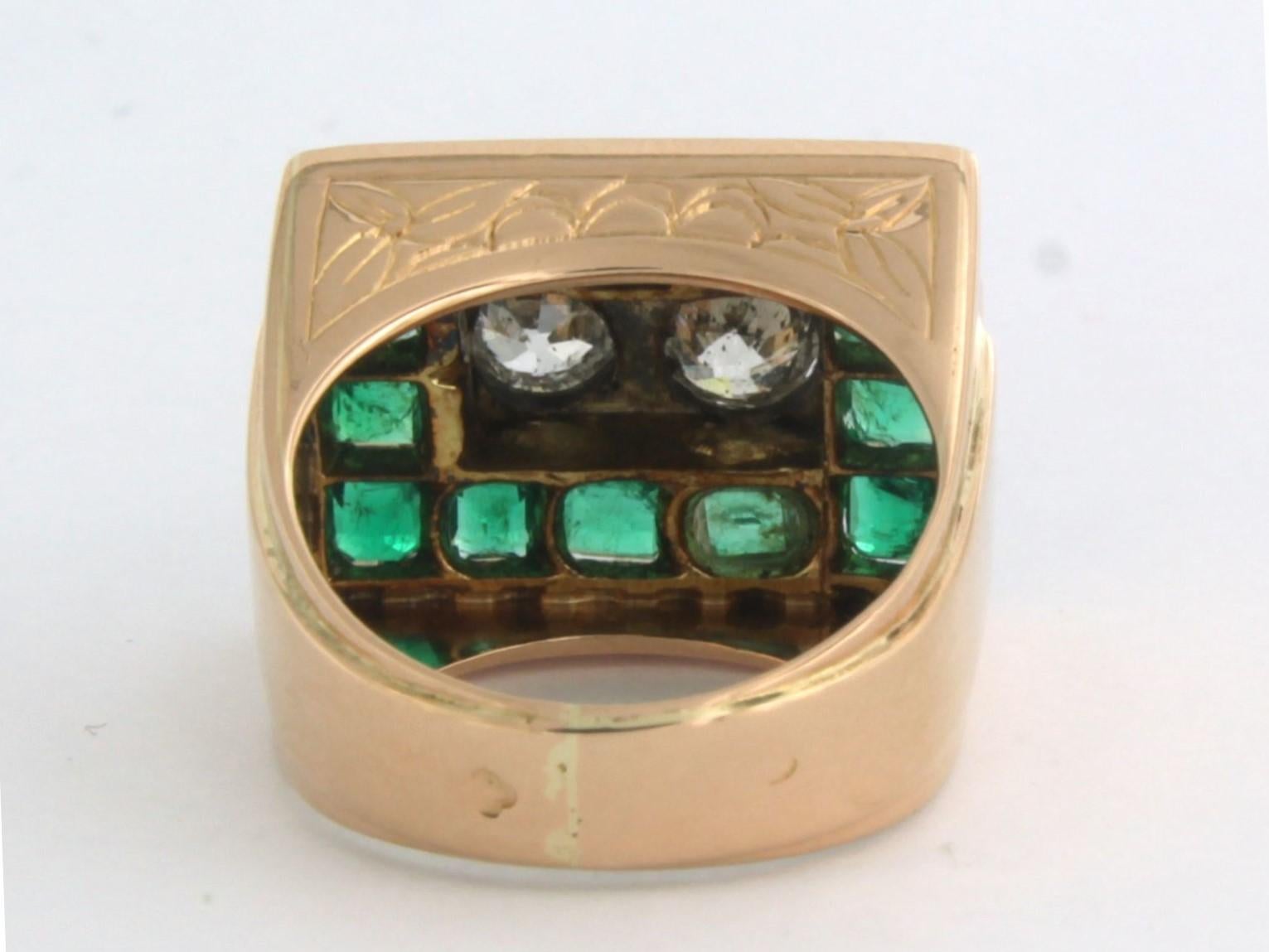 Old Mine Cut Ring Emerald Diamond 18k bicolor gold For Sale