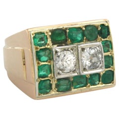 Antique Ring Emerald Diamond 18k bicolor gold