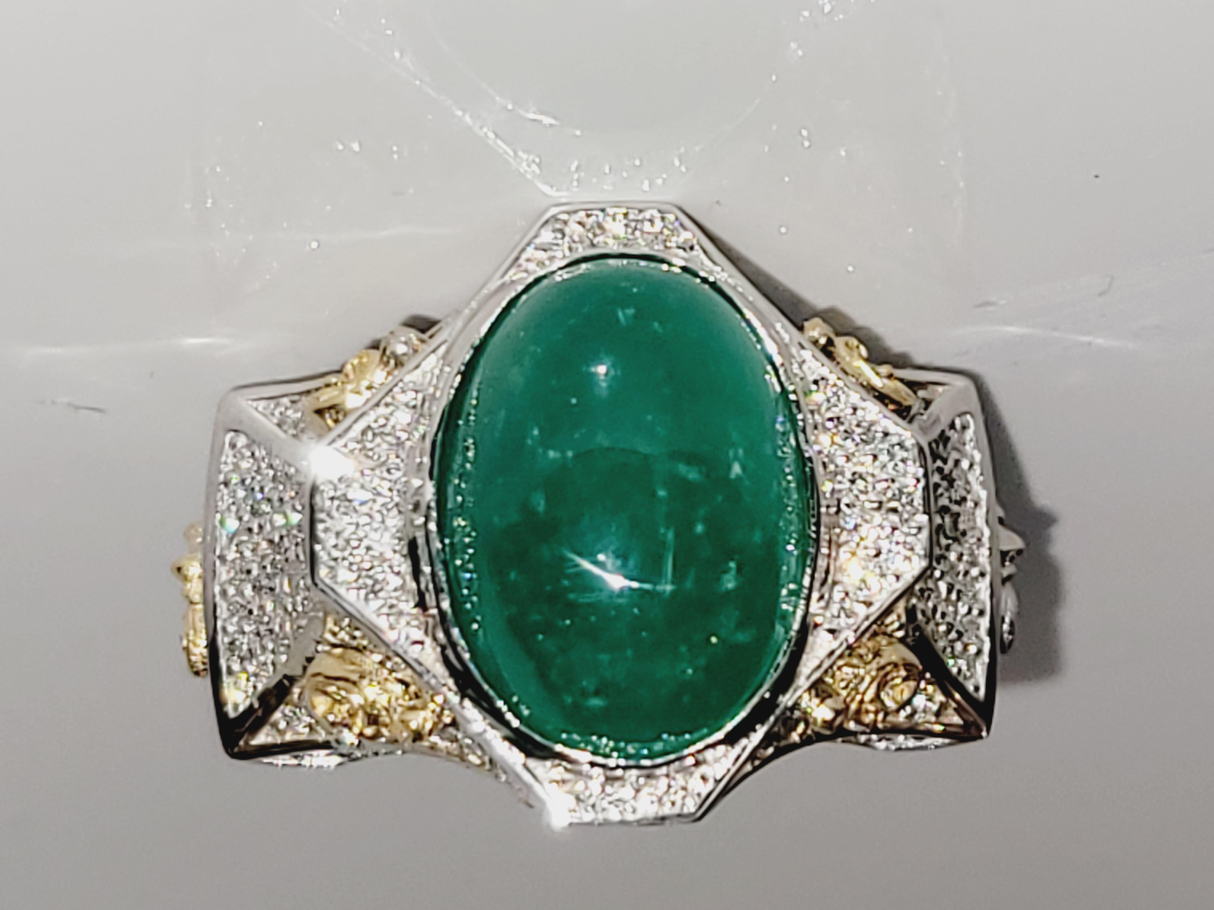 This exquisite ring  are a one-of-a kind execution from the Renaissance era! Featuring 260 round cut diamonds 2.90 ct VS F color and one cabochon natural emerald  8.50 carat total weight, these ring are essence of sophisticated. With hand-cut azures