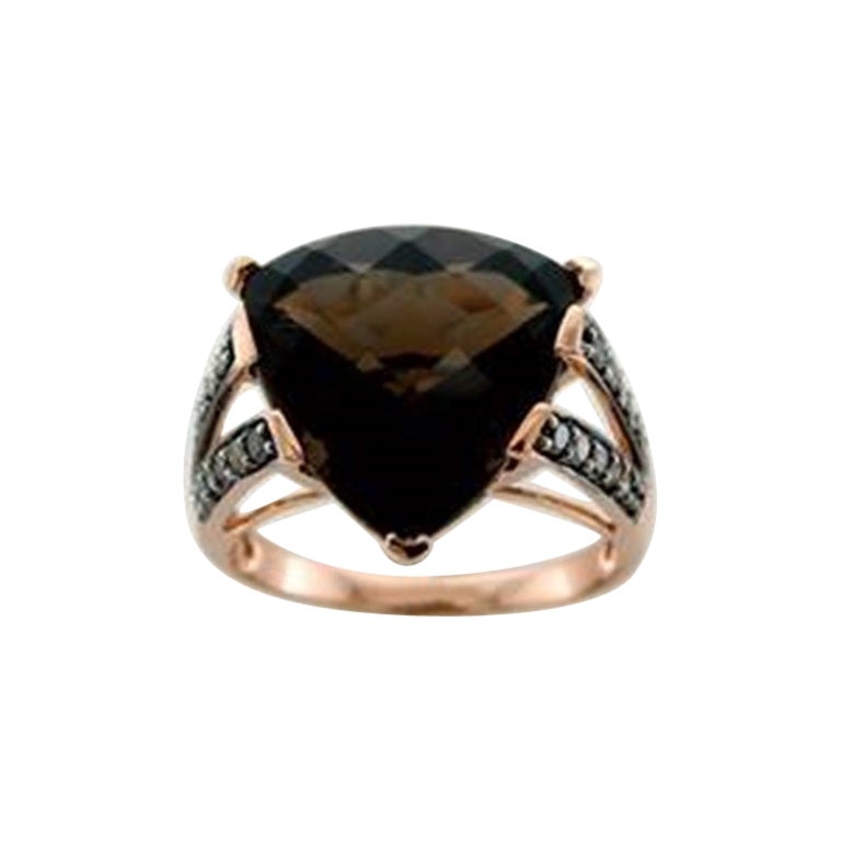 Bague avec quartz chocolat sertie en or fraise 14 carats et diamants