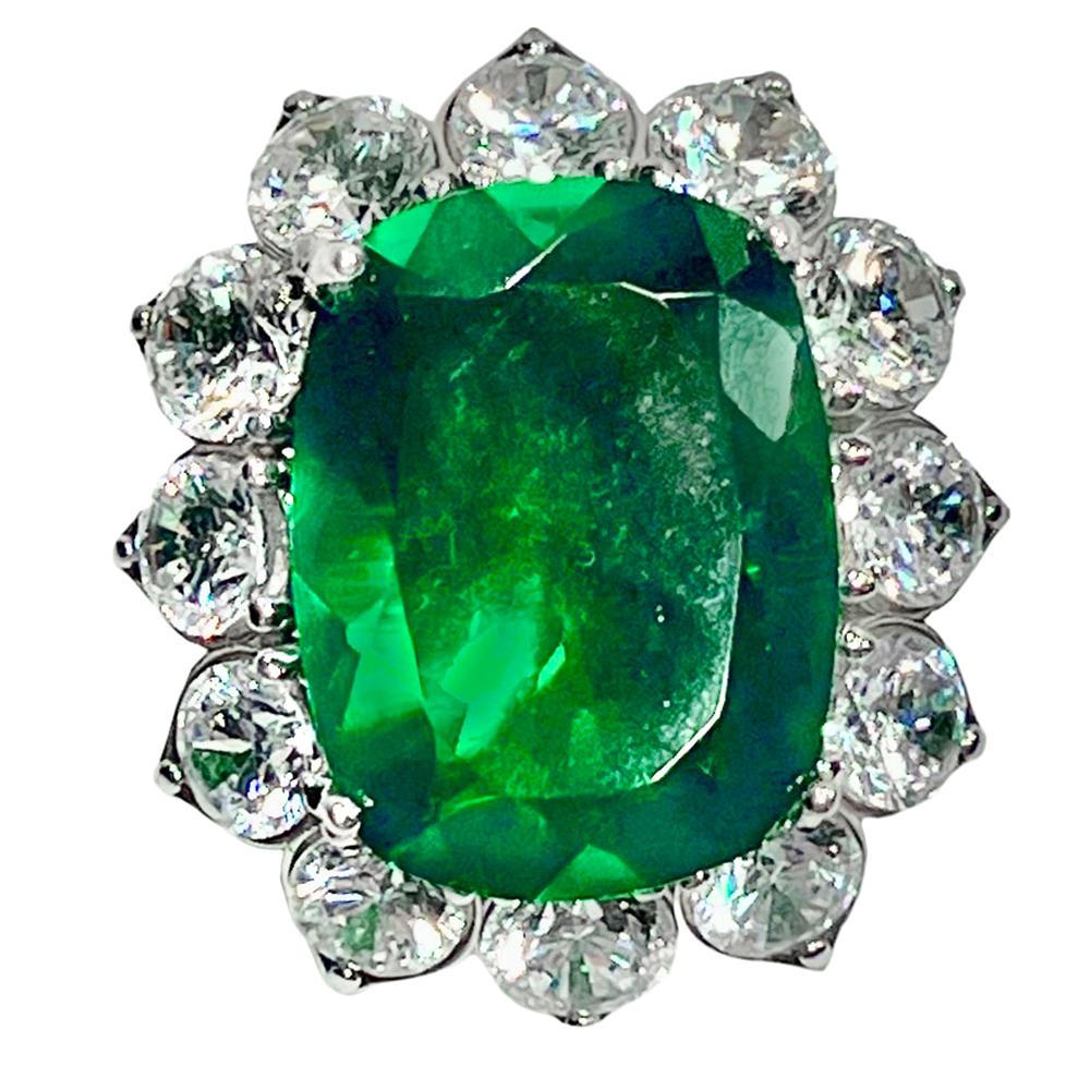 Art Deco Harry Winston Style Lab Grown Emerald Diamond CZ Oval Cluster Cocktail Ring For Sale