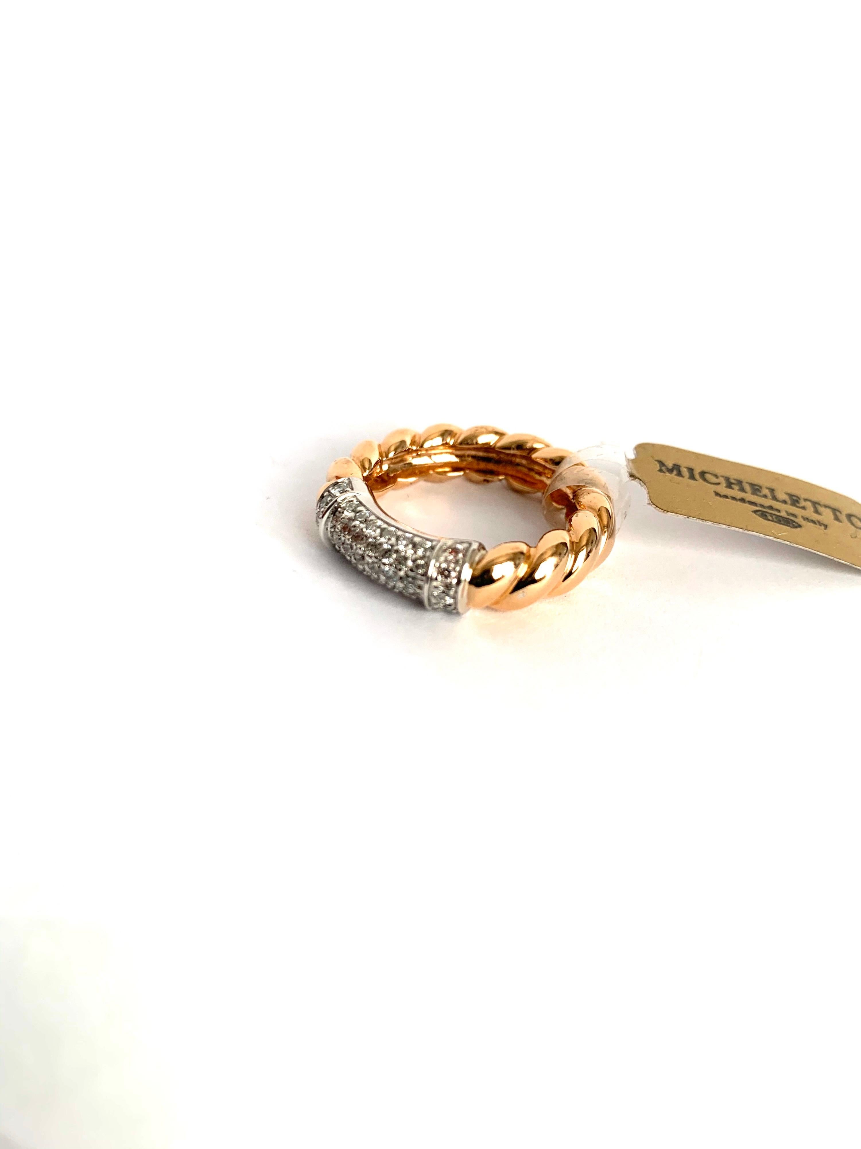 Rope ring in 18 kt  rose gold and white diamonds 
This is a traditional collection in Micheletto 

the total weight of the gold is  gr 9.80
the total weight of the white diamonds is ct 0.60 - color GH clarity VVS1

STAMP: 10 MI ITALY 750
US SIZE 6