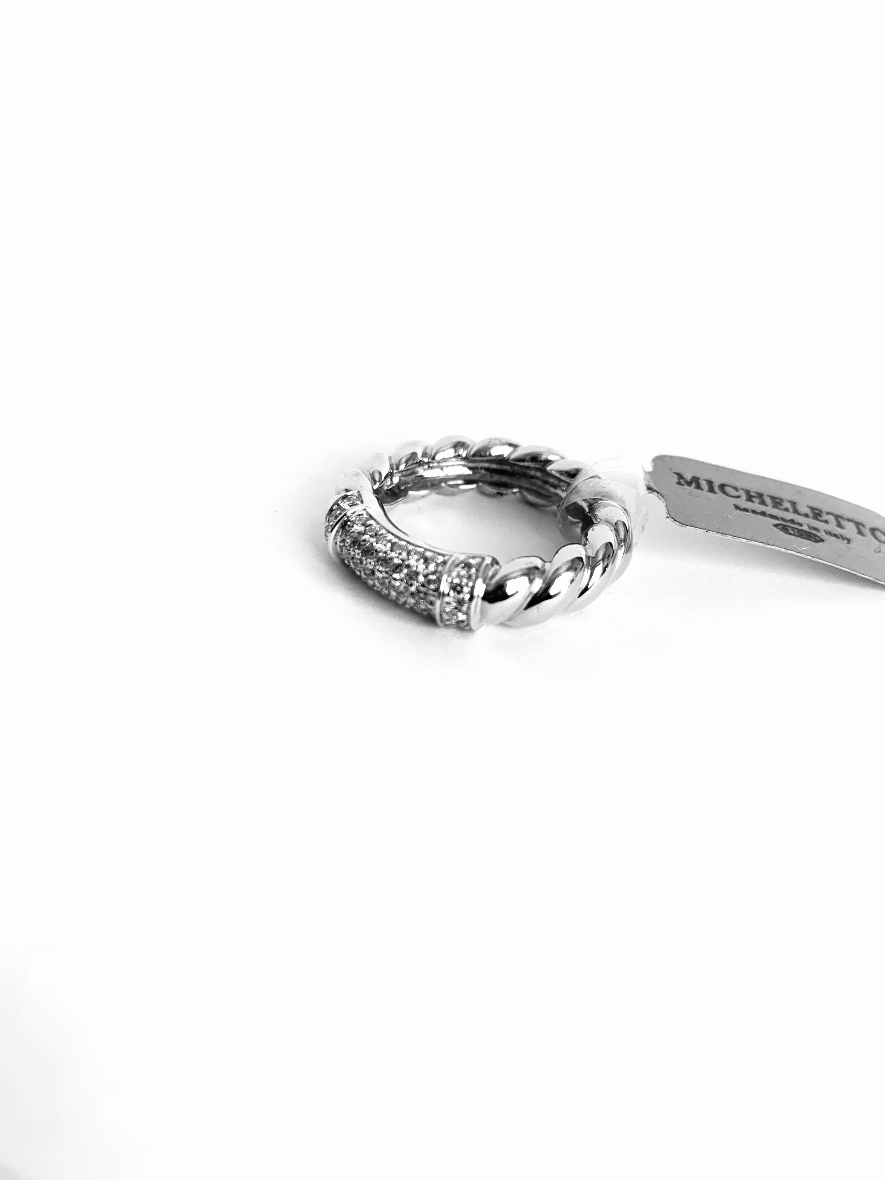 Rope ring in 18 kt  white gold and white diamonds 
This is a traditional collection in Micheletto 

the total weight of the gold is  gr 9.90
the total weight of the white diamonds is ct 0.60 - color GH clarity VVS1

STAMP: 10 MI ITALY 750
US SIZE 6