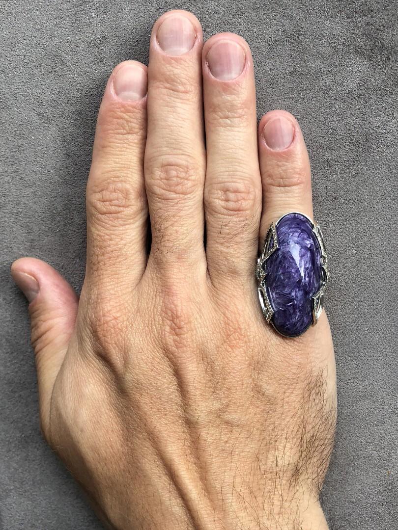 Ring Gold Charoite Diamond Cocktail engagement ring Violet Jewelry In New Condition For Sale In Berlin, DE