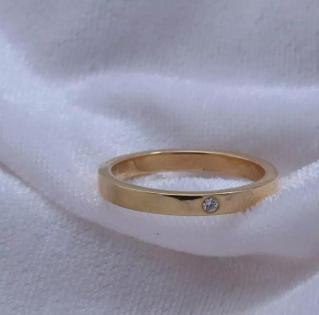 Taille ronde Ring Gold Diamond Engagement Bezel 14K Yellow Set Round Cut Wedding Band en vente