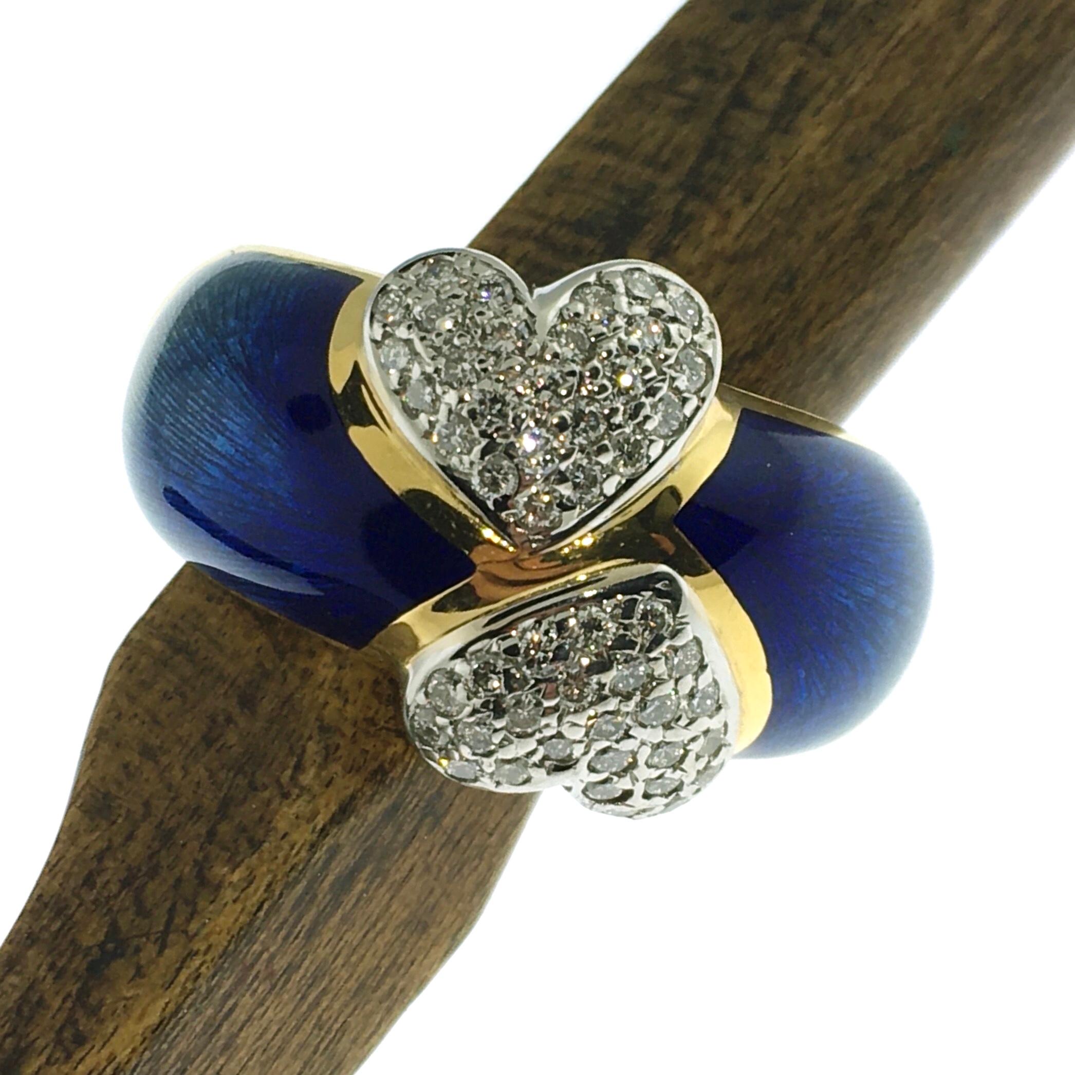 Modern Ring, Gold, Diamond Hearts, Blue Enamel, Handmade, Unique Piece, 18 Carat Gold For Sale