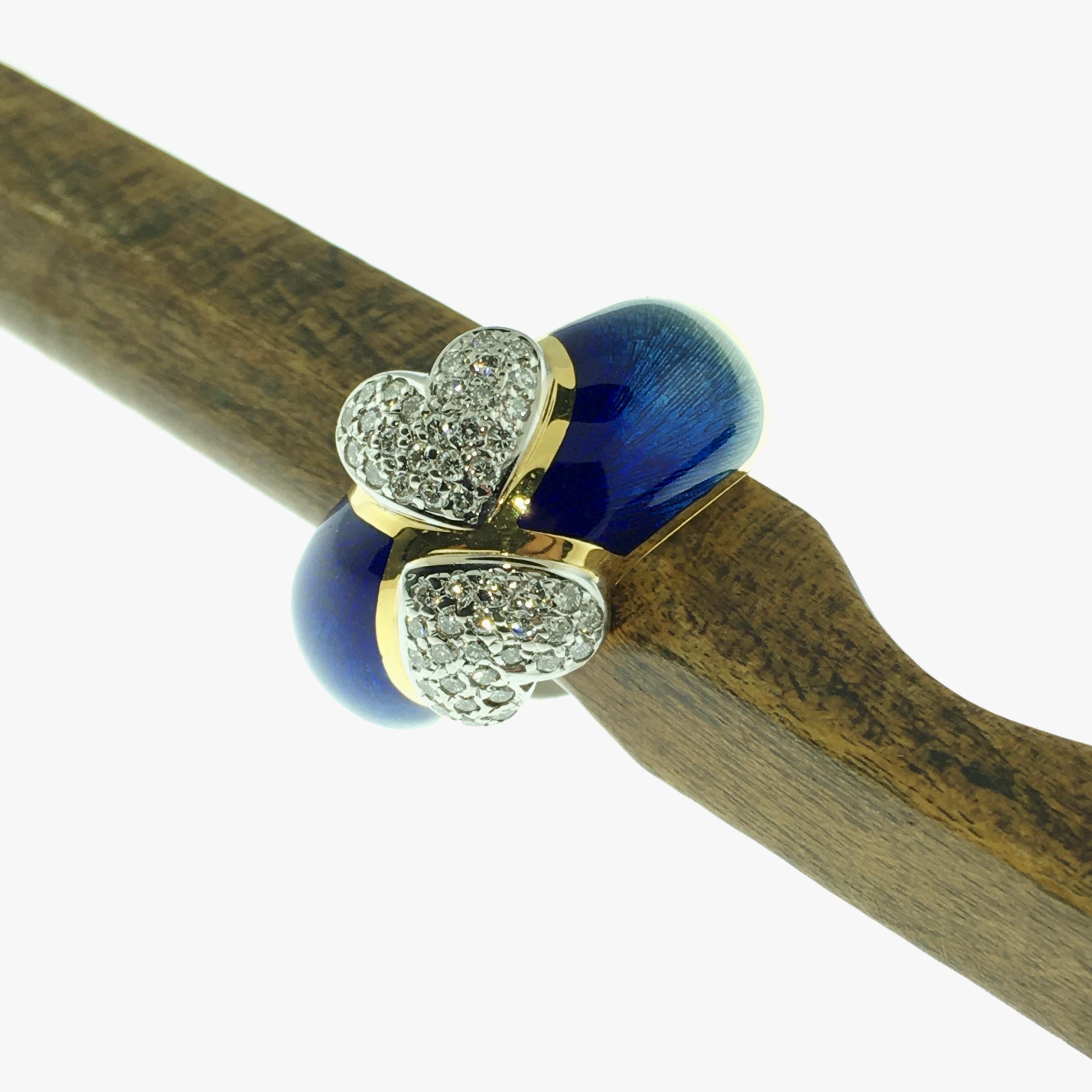 Round Cut Ring, Gold, Diamond Hearts, Blue Enamel, Handmade, Unique Piece, 18 Carat Gold For Sale