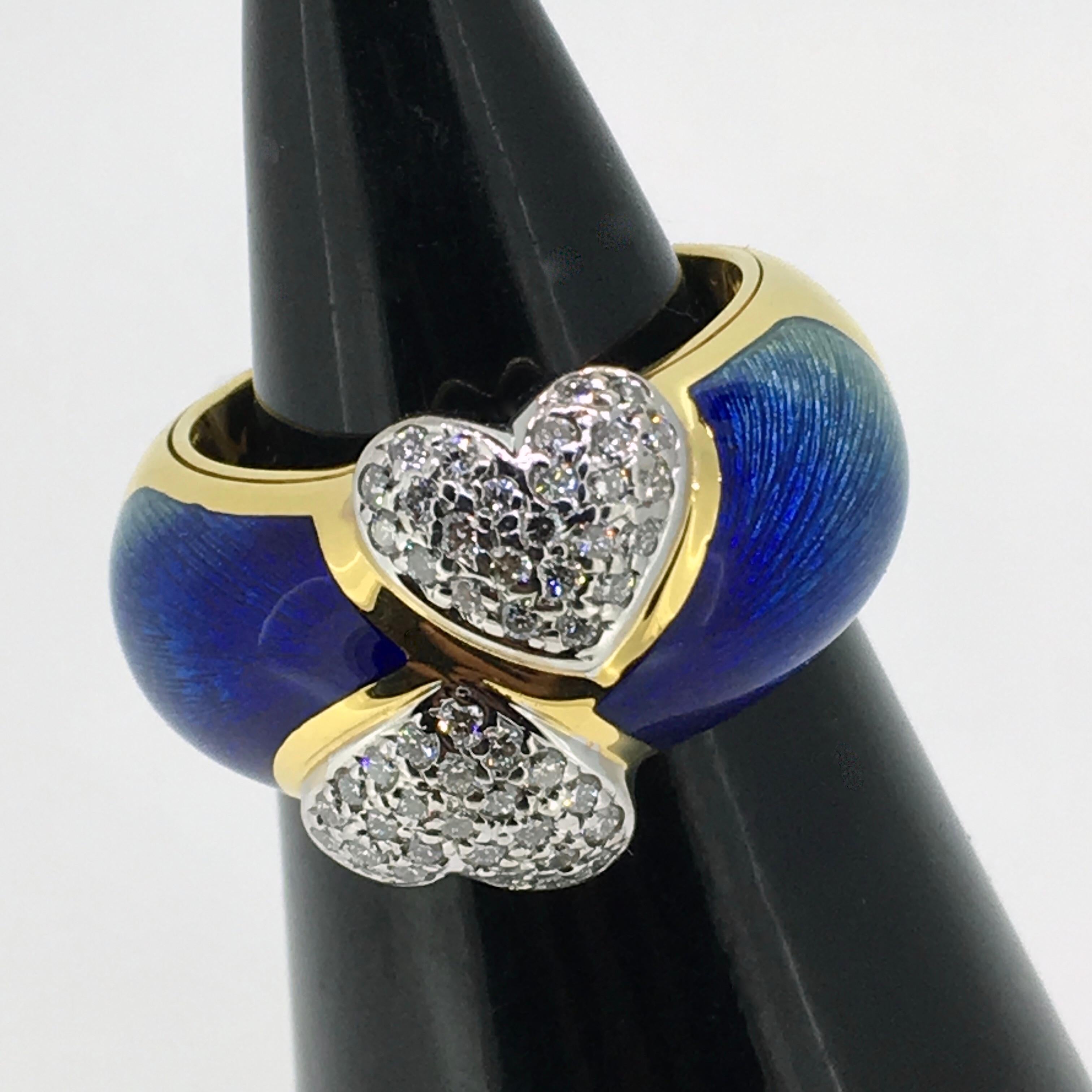 Ring, Gold, Diamond Hearts, Blue Enamel, Handmade, Unique Piece, 18 Carat Gold In Good Condition For Sale In EL Waalre, NL