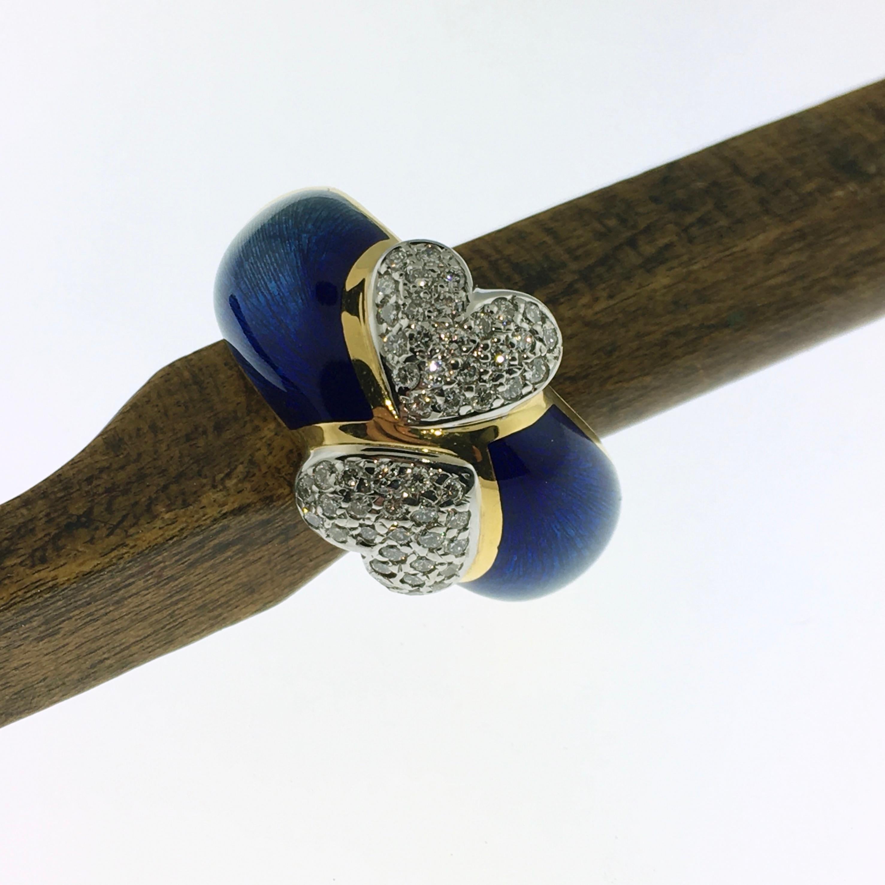 Women's Ring, Gold, Diamond Hearts, Blue Enamel, Handmade, Unique Piece, 18 Carat Gold For Sale
