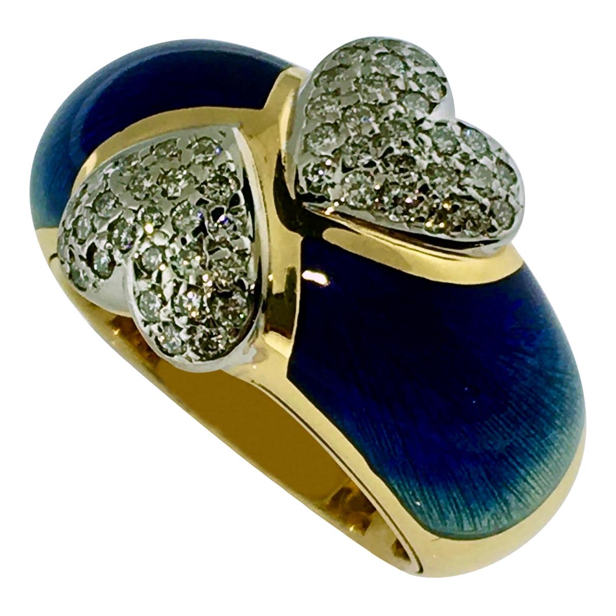 Ring, Gold, Diamond Hearts, Blue Enamel, Handmade, Unique Piece, 18 Carat Gold For Sale