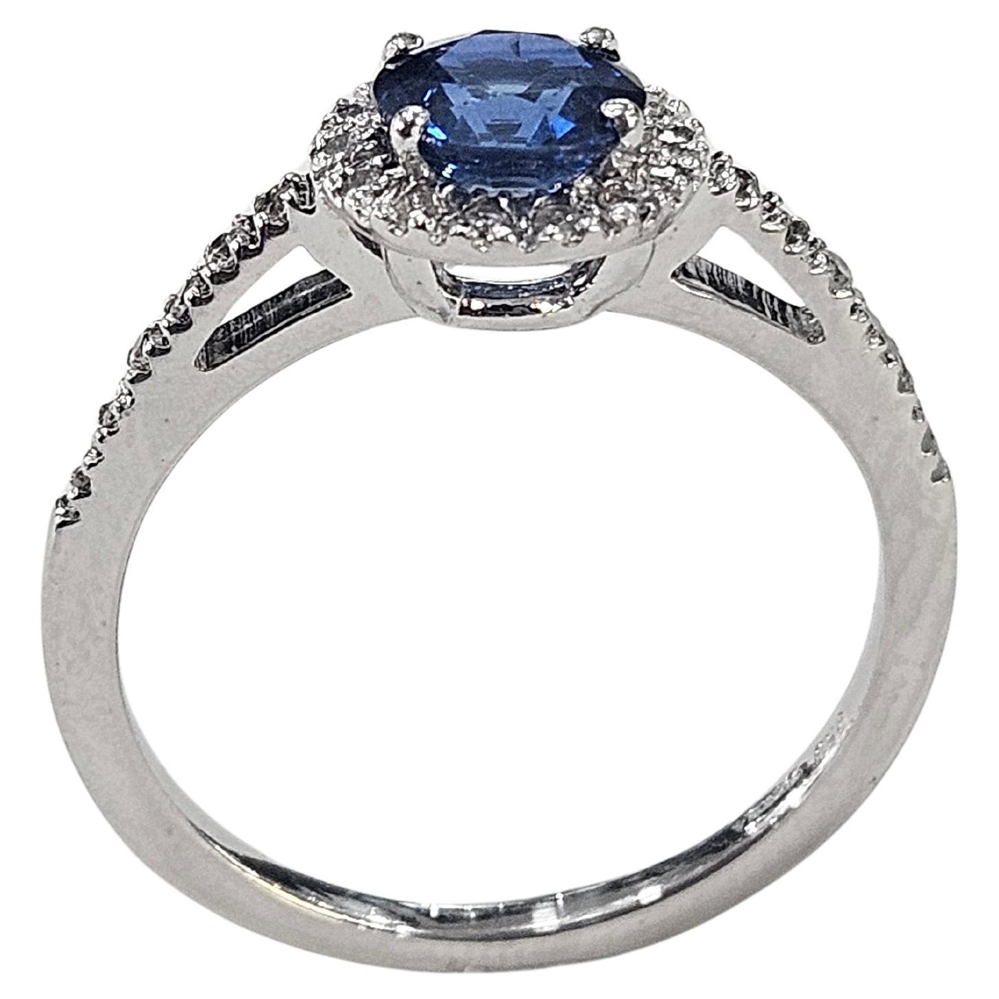 Anello Halo Zaffiro rotondo 0,80 carati e diamante naturale Oro bianco 18 carati in vendita 3