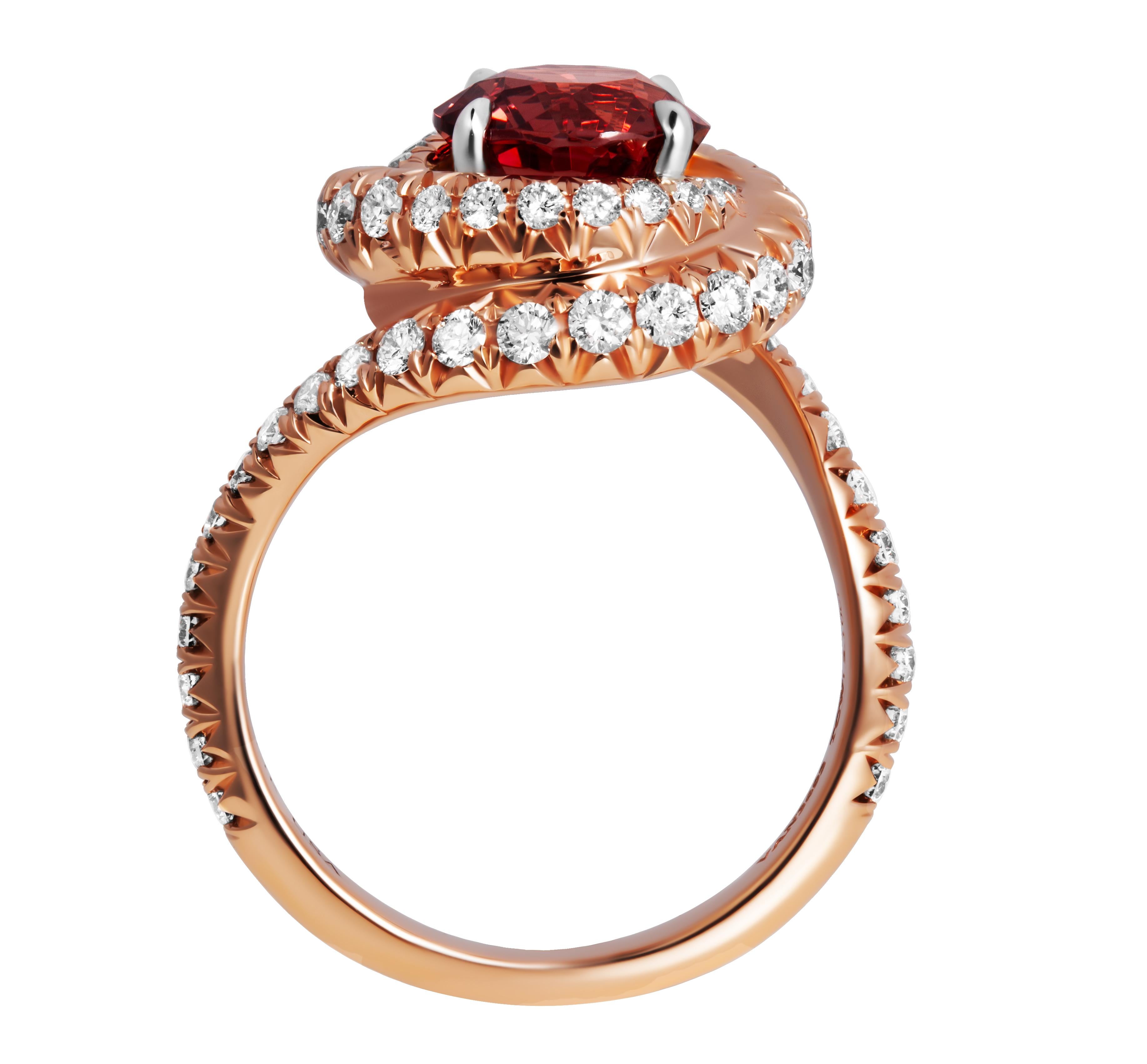 Ring in 14K Rose Gold with 2.10ct Peach Spinel
Swirl Pave Style totaling 1.66ct
Size 7