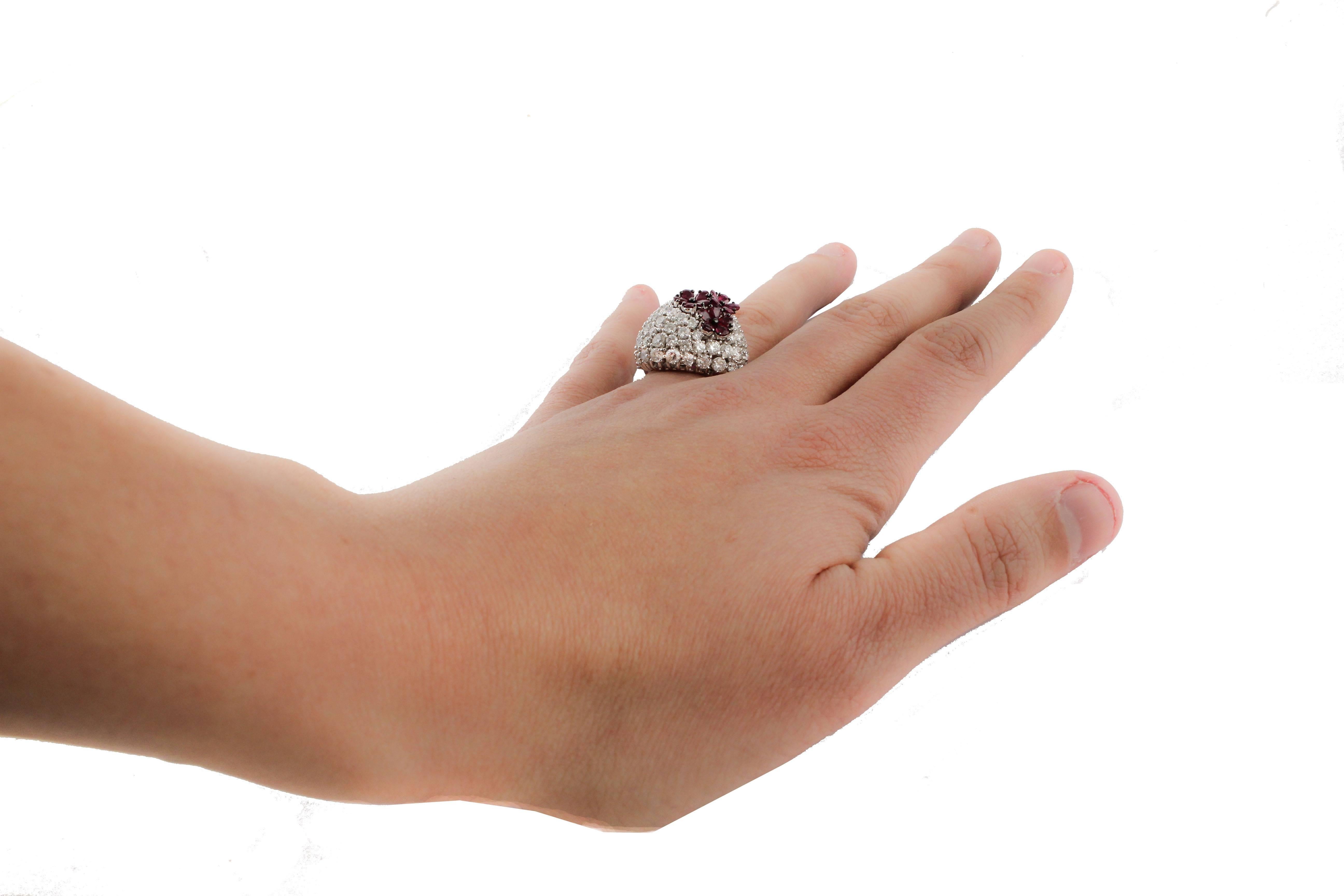 Contemporary Diamonds Rubies White Gold Small Flower Ring  